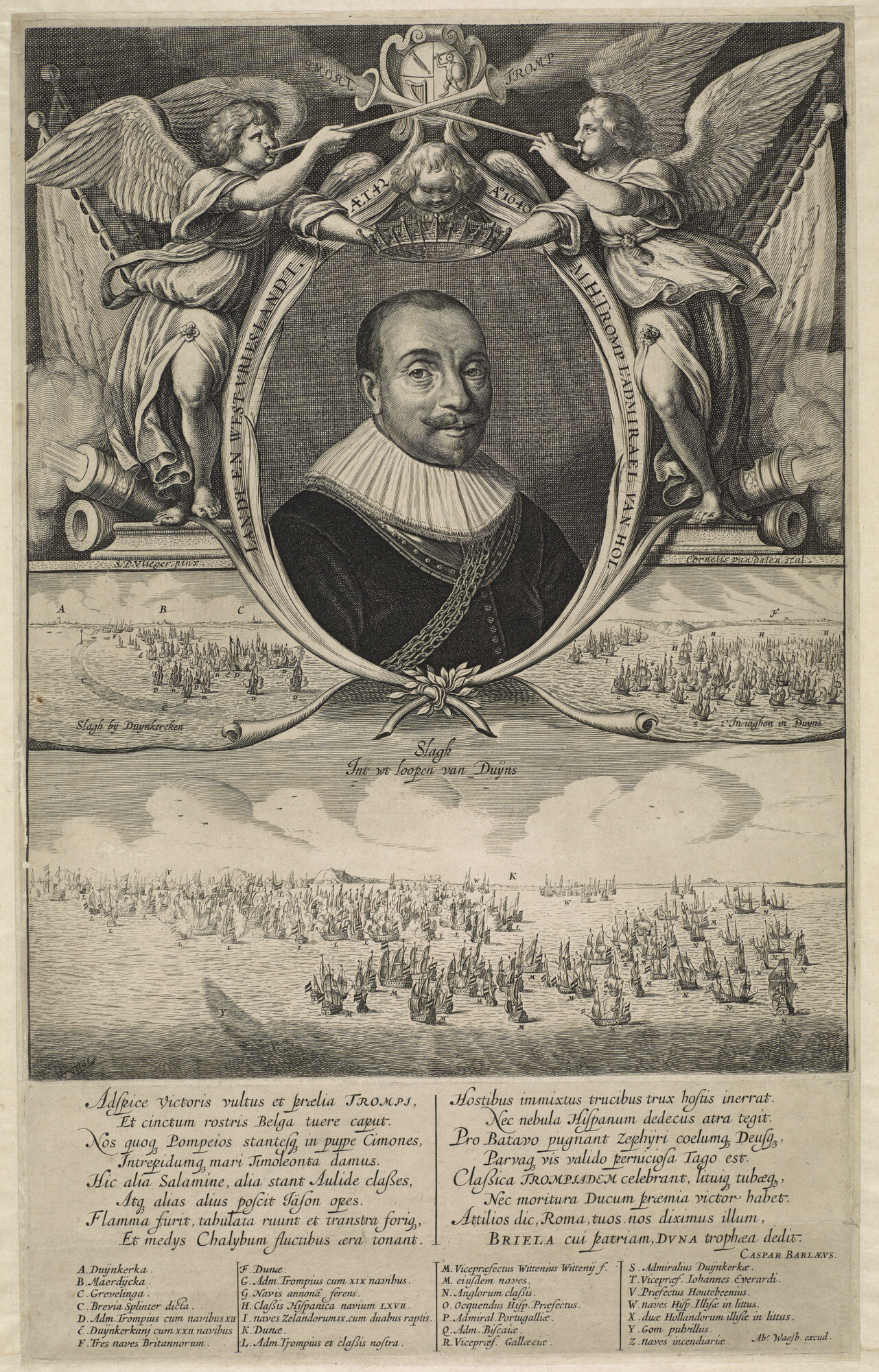 A.1222(01); Portret van Maarten Harpertsz Tromp met afbeeldingen van de zeeslagen bij Duinkerken en Duins; prent