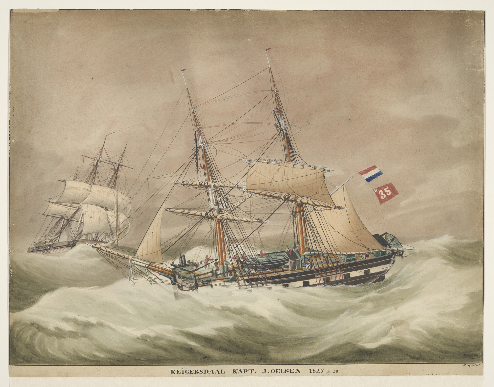 A.0813(05); Het brikschip Reigersdaal bijliggend in een storm; tekening