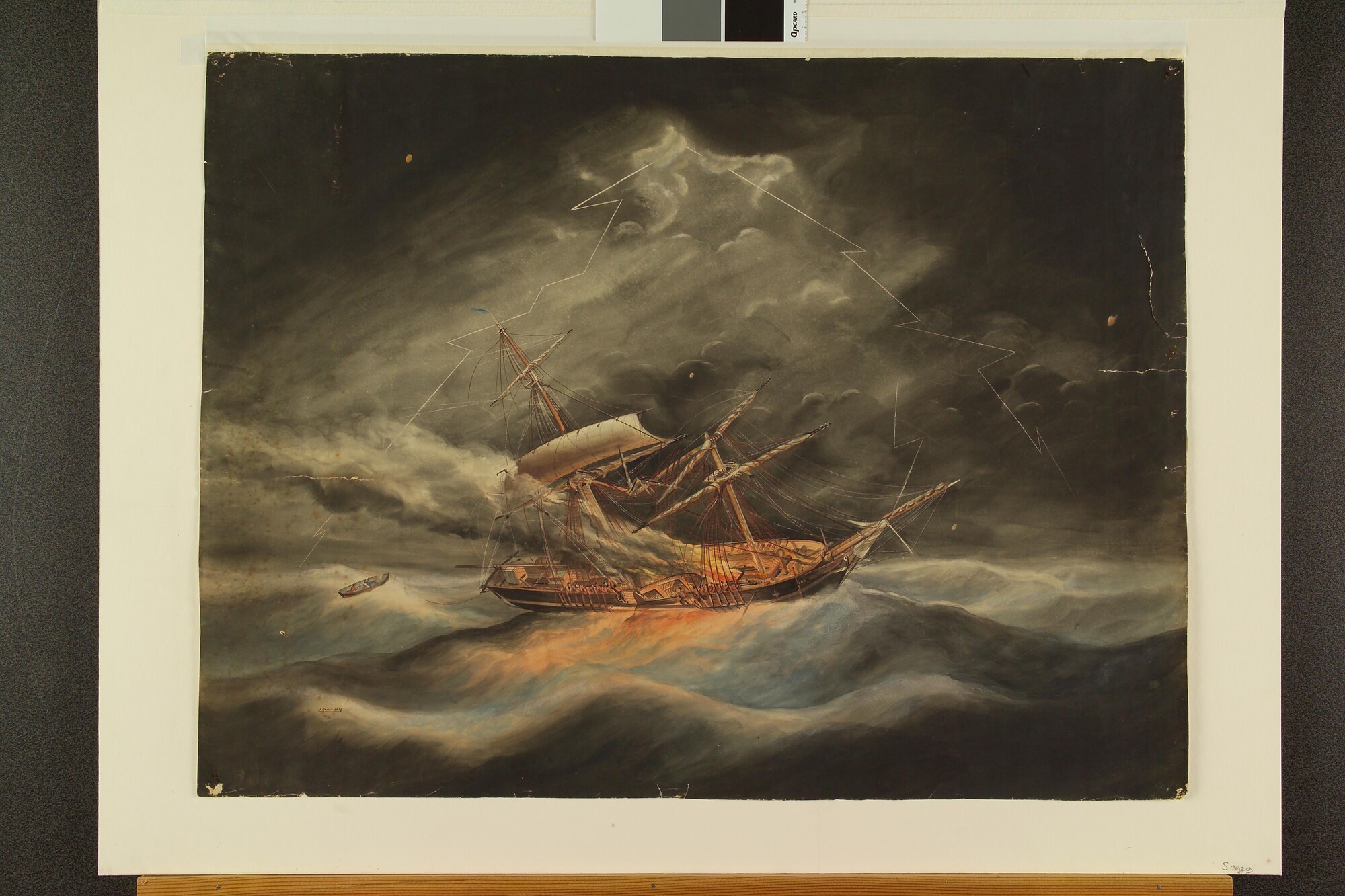 S.3929(01); Het brikschip Nijverheid getroffen door de bliksem; tekening