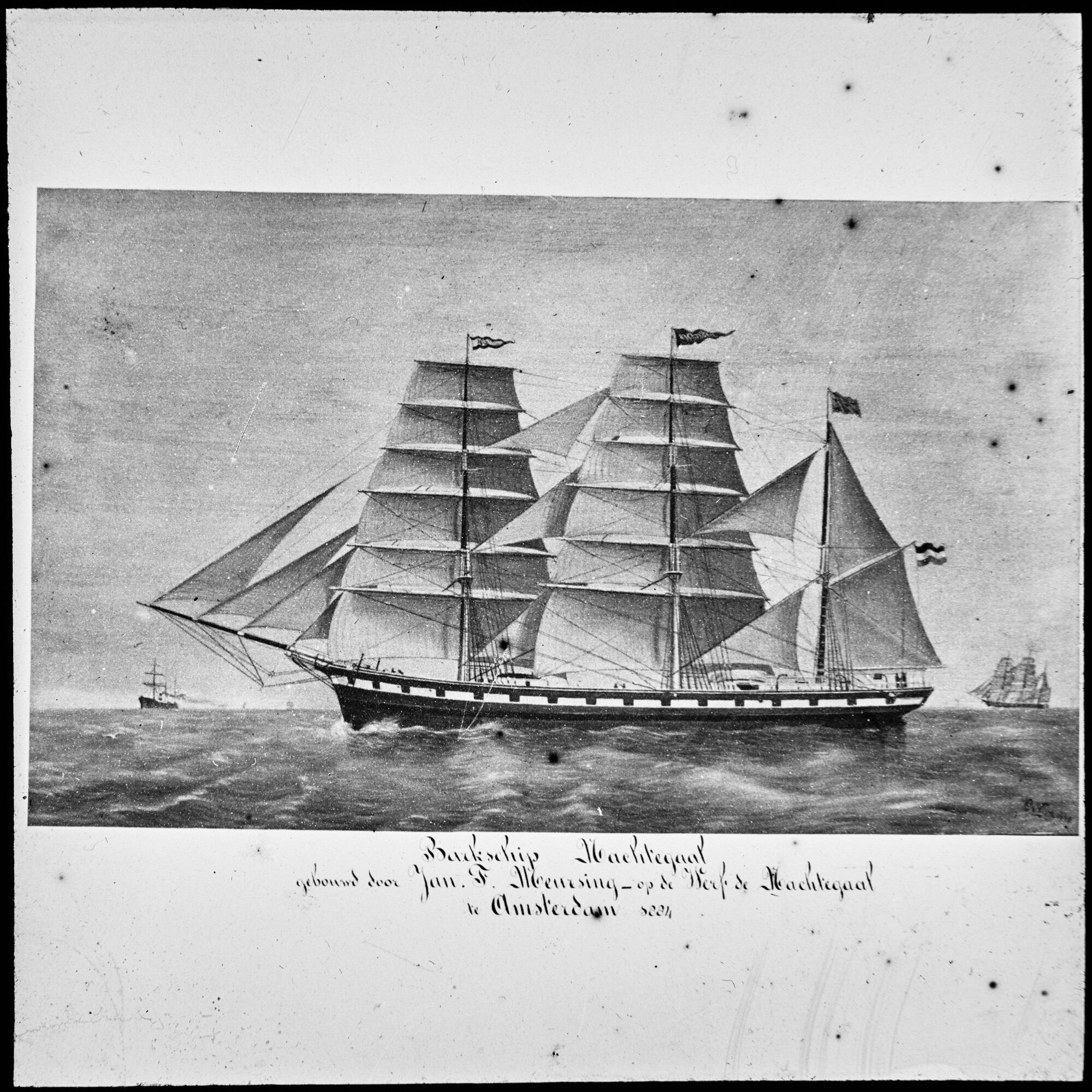 S.1156(06)111; Lantaarnplaatje van een tekening gemaakt door K. van Vliet van de composiet bark 'Nachtegaal', 1884; lantaarnplaatje