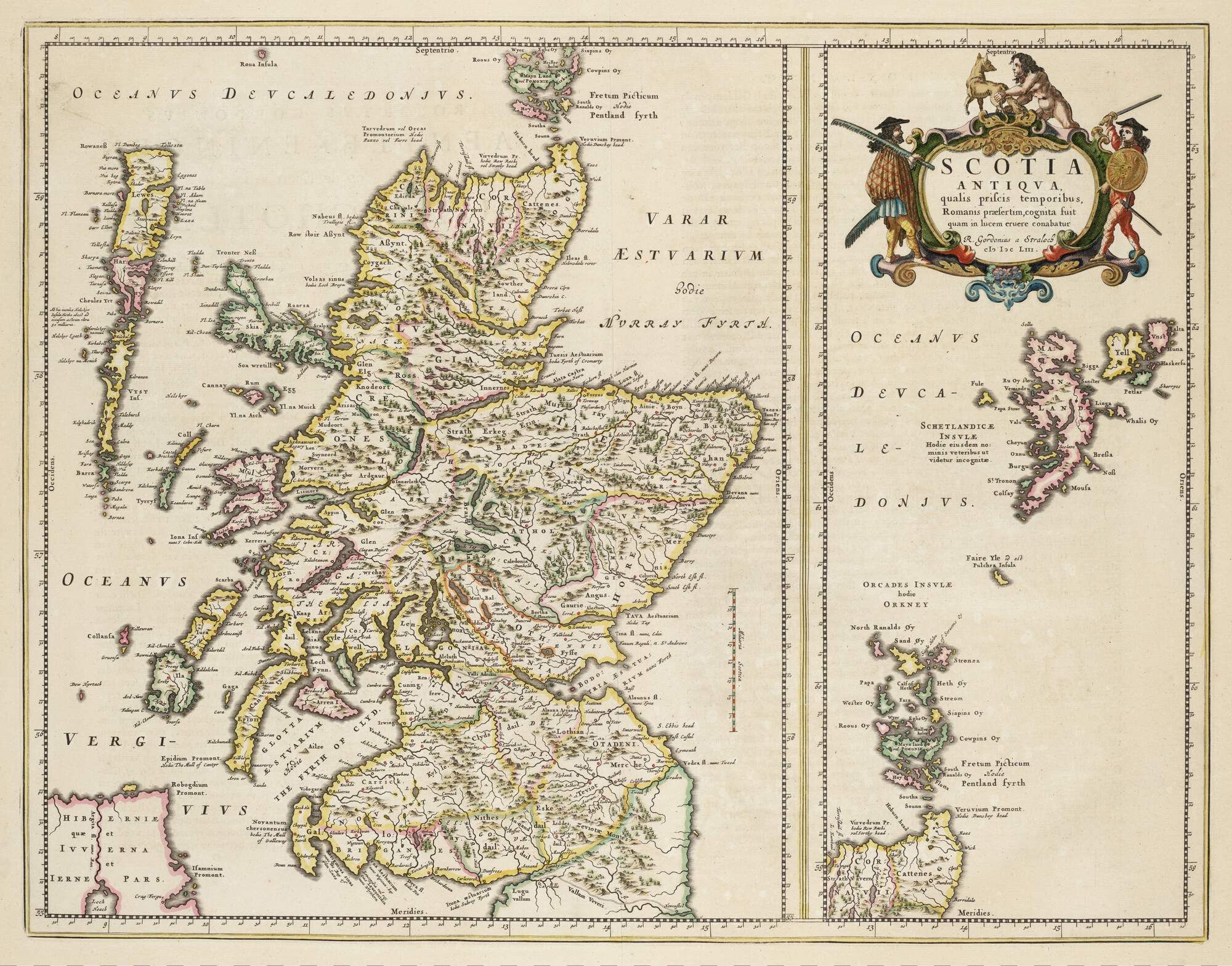 S.1034(05) [kaart 003]; Kaart van Schotland in de Oudheid, met de Shetland en Orkney Eilanden; landkaart