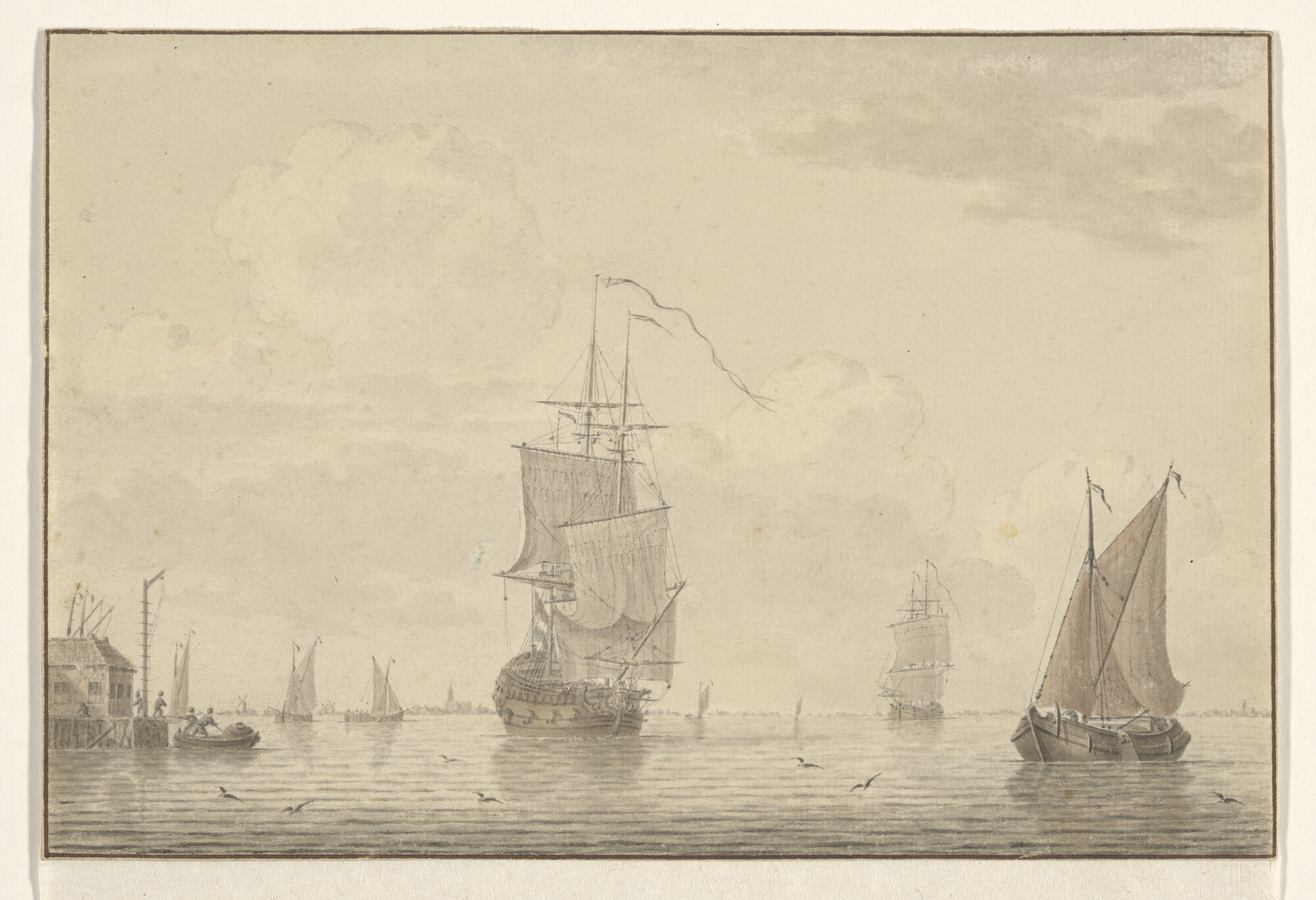 S.1603(19); Scheepvaart op een rede met in het midden een oorlogsschip; tekening