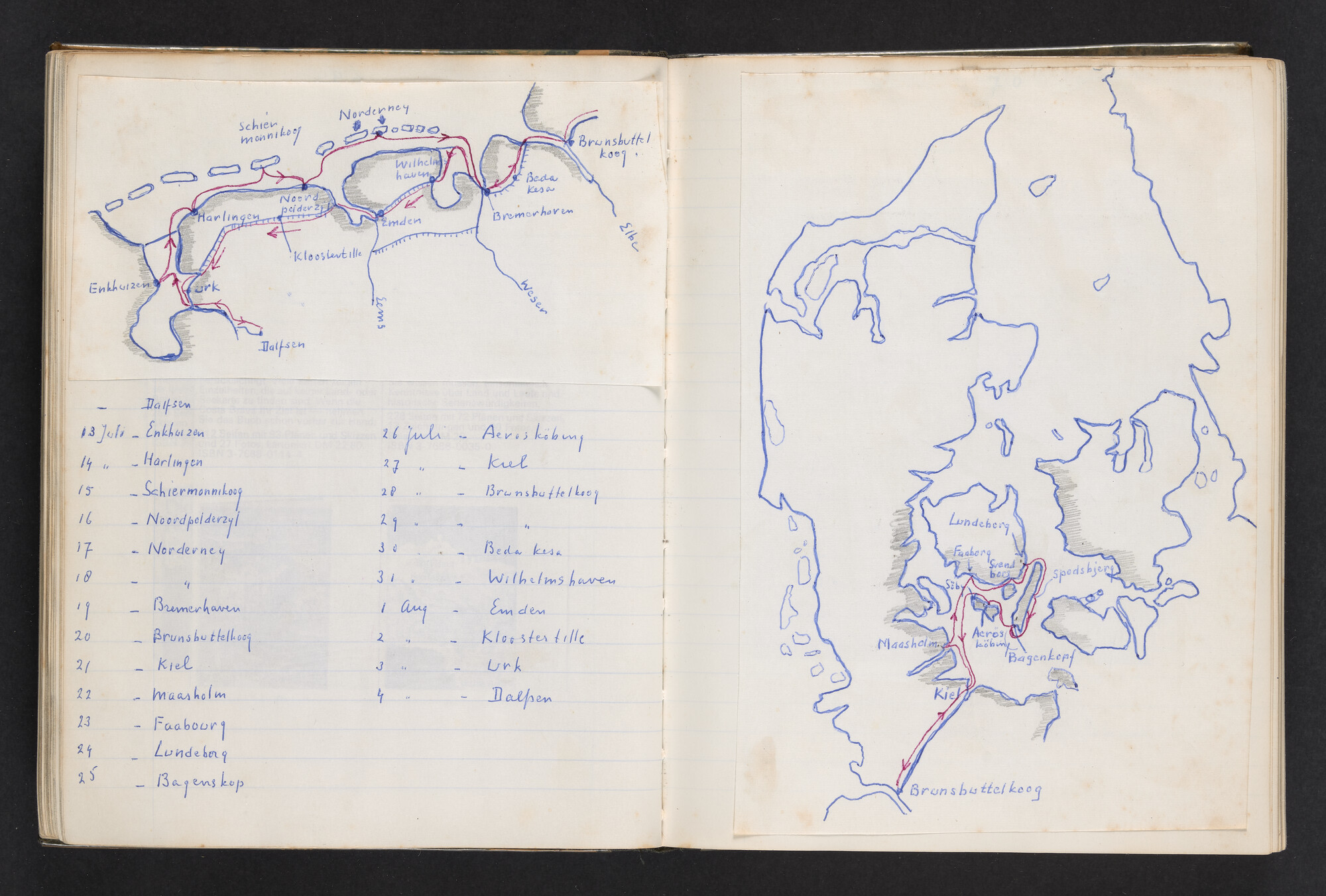 2017.0802; Logboek c.q. fotoalbum van reizen met zeeschouw Grutto (II) in Nederland, Duitsland en Denemarken, 1973-1974; logboek