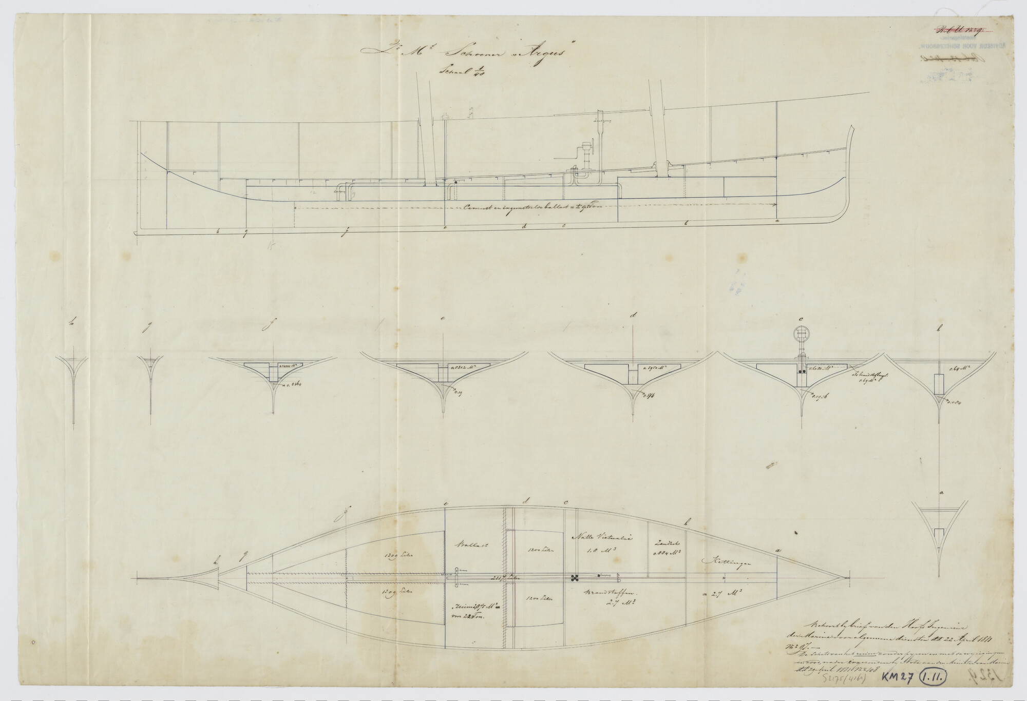 S.2175(4160); Ballastverdeling in het ruim van Zr.Ms. 'Argus'; technische tekening