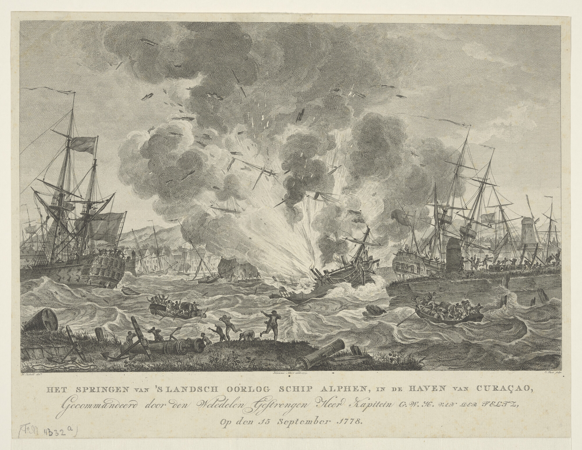 A.1656(20); Het ontploffen van het oorlogsschip 'Alphen' in de haven van Curaçao; prent