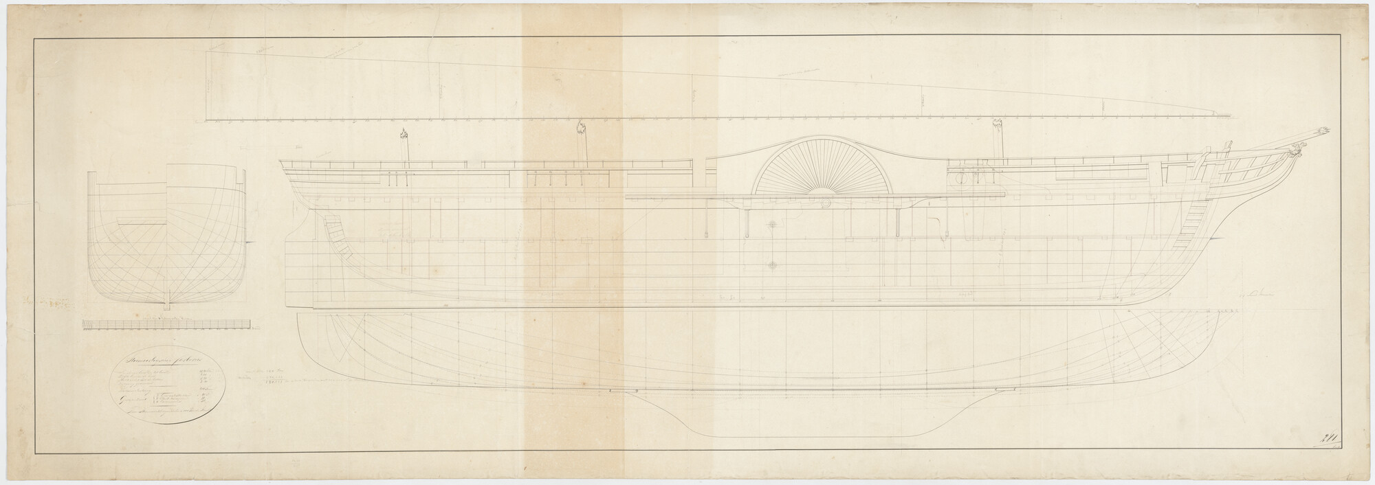 S.1214(0204); Lijnenplan van het raderstoomschip Zr.Ms. 'Cerberus'; technische tekening