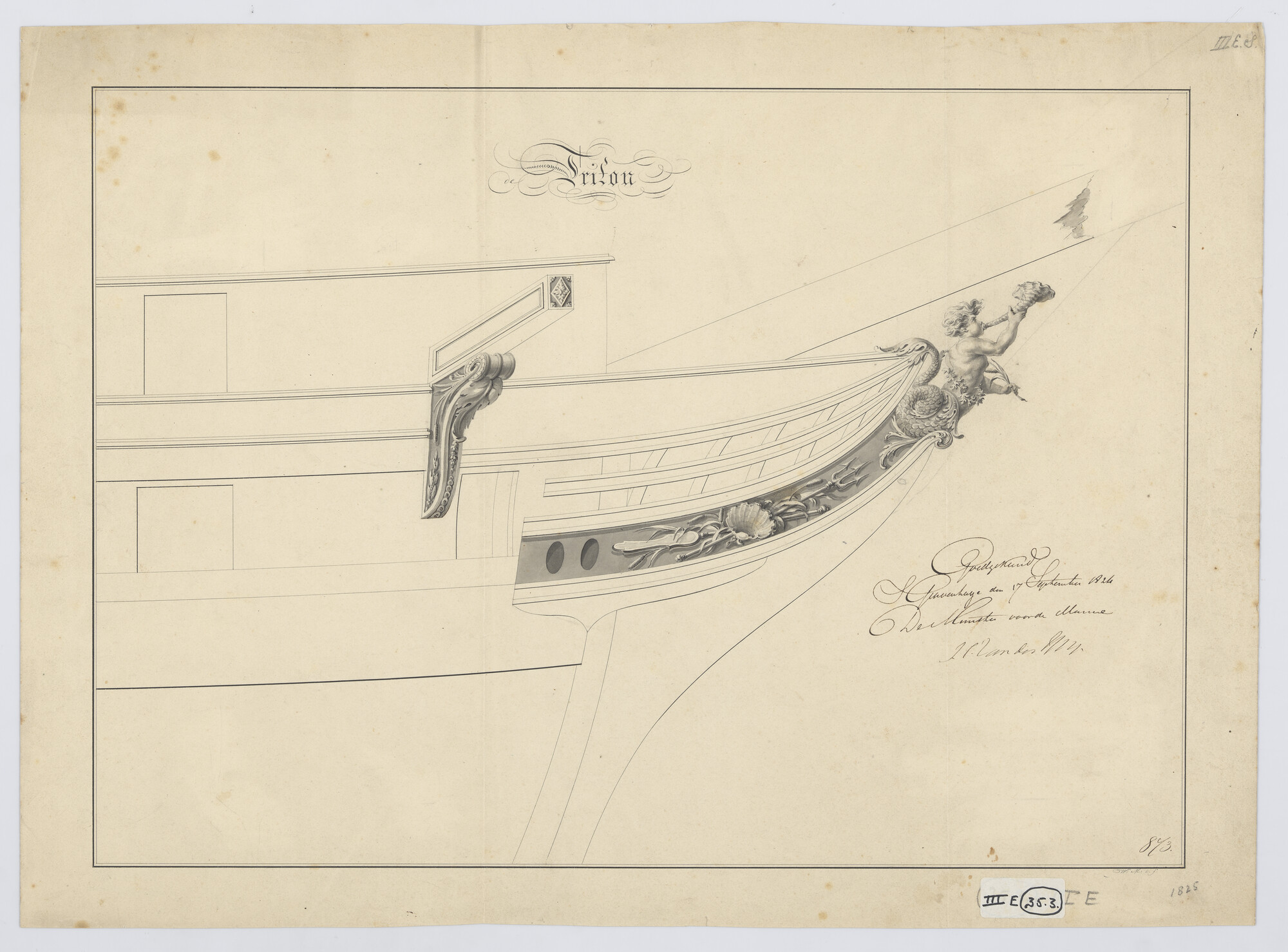 s.1214(0257); Scheg van het kuilkorvet 'Triton'; technische tekening