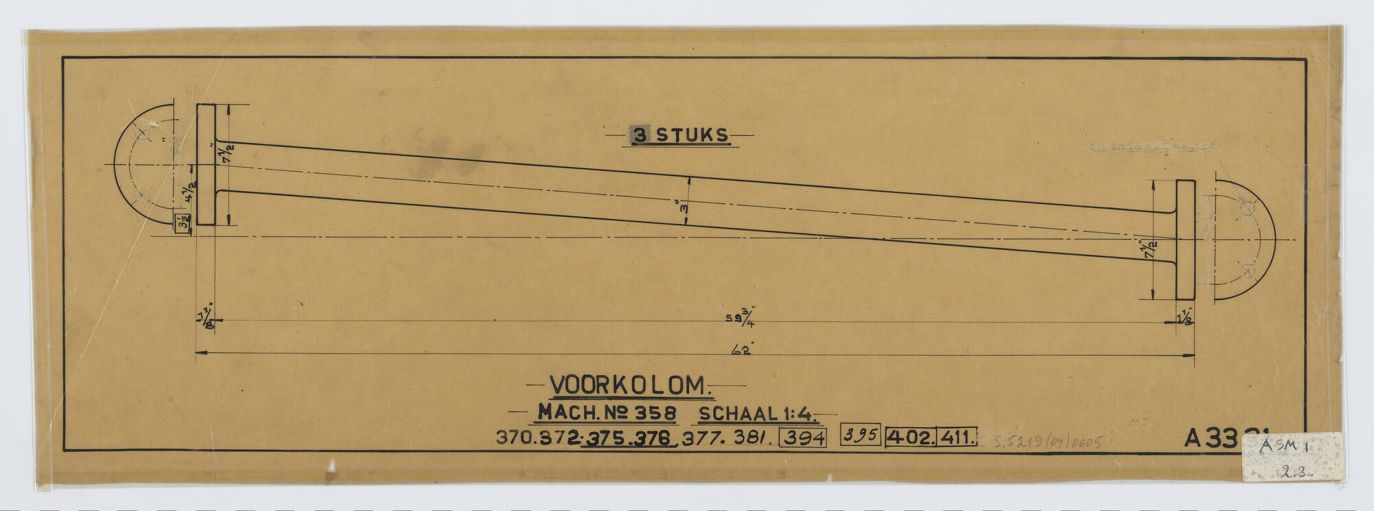 S.5219(04)0005; Voorkolom van machine nr 358, 370, 372, 375, 376, 377, 381, 394, 395, 402; technische tekening