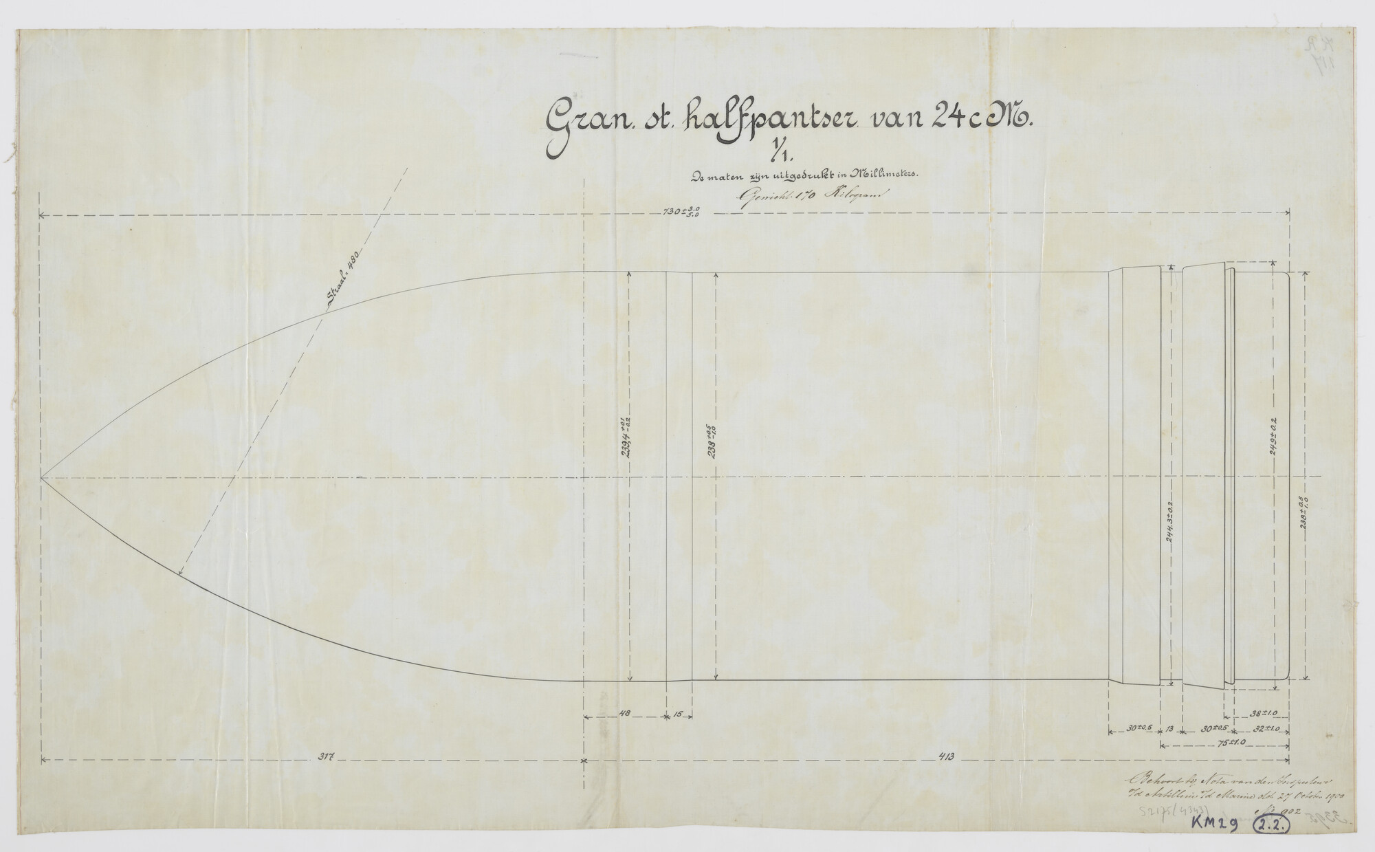 S.2175(4343); Langsdoorsnede van een granaat halfpantser van 24 cm; technische tekening
