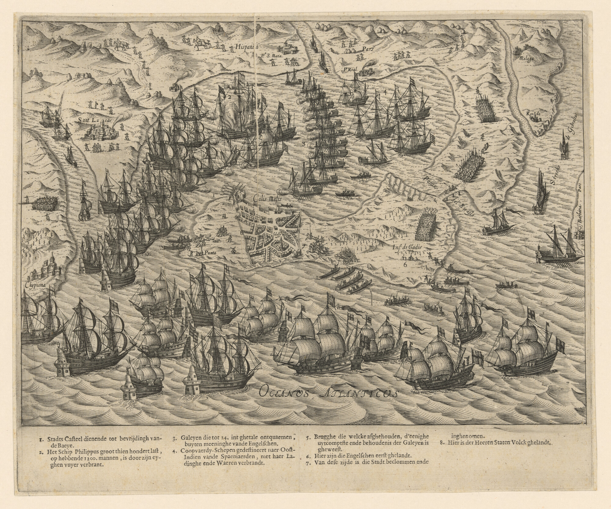 A.3368(01); Inname van Cadiz, door de Engels-Hollandse vloot, 1596; prent