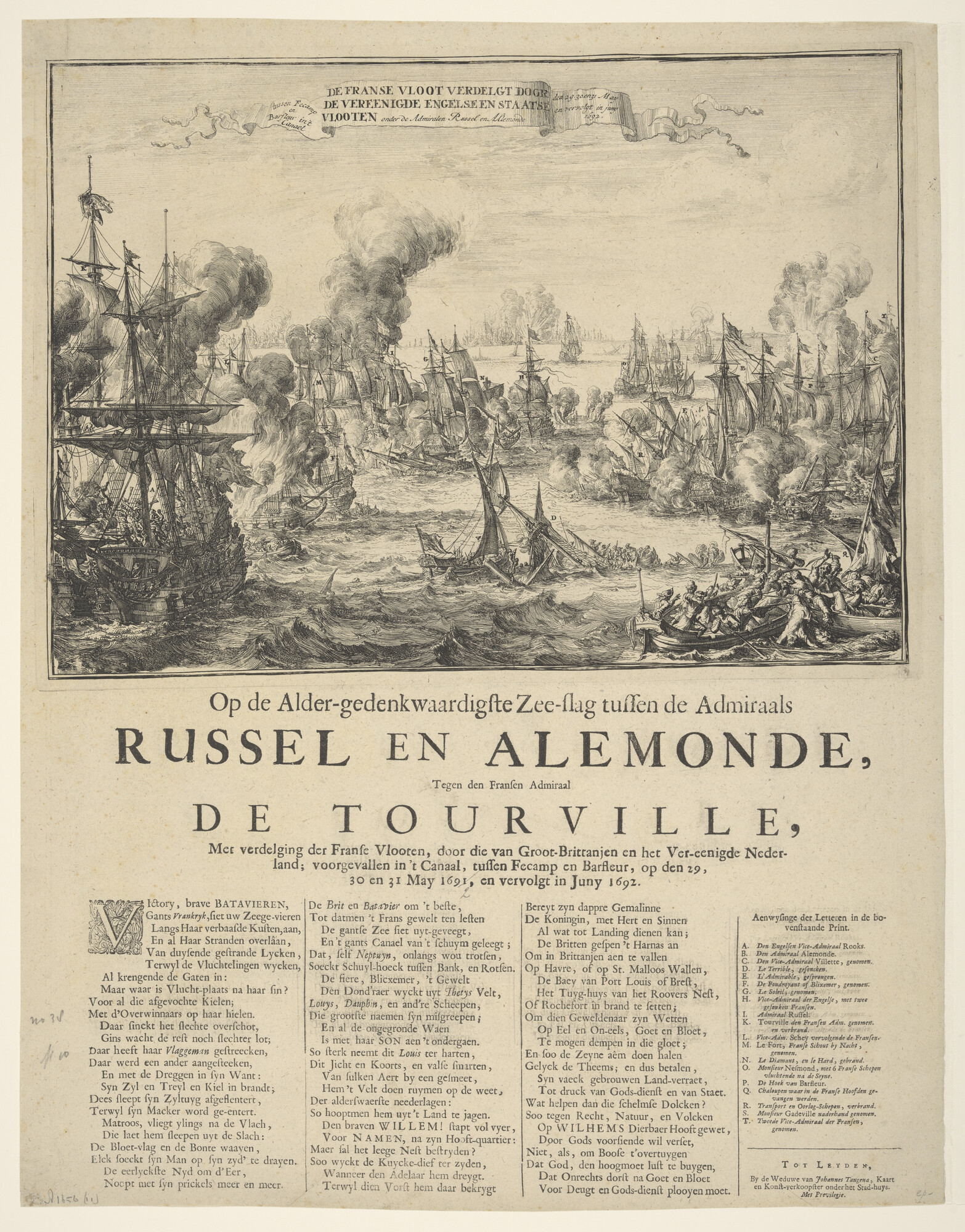 A.1656(11); De Franse vloot verslagen door de Engelse en Staatse vloot onder Russel en Almonde; prent
