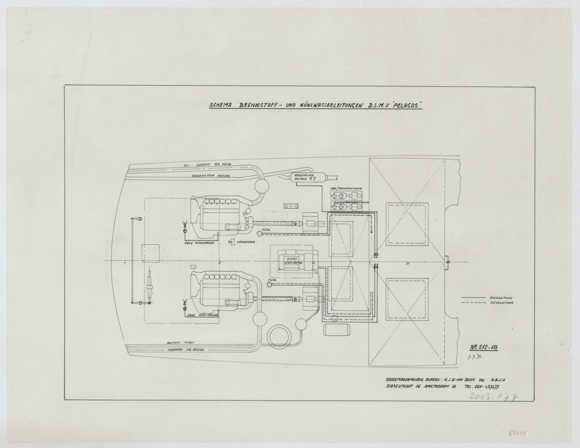 2003.1177; Schema van brandstof- en koelwaterleidingen van 15.50 meter lang motorjacht; schema