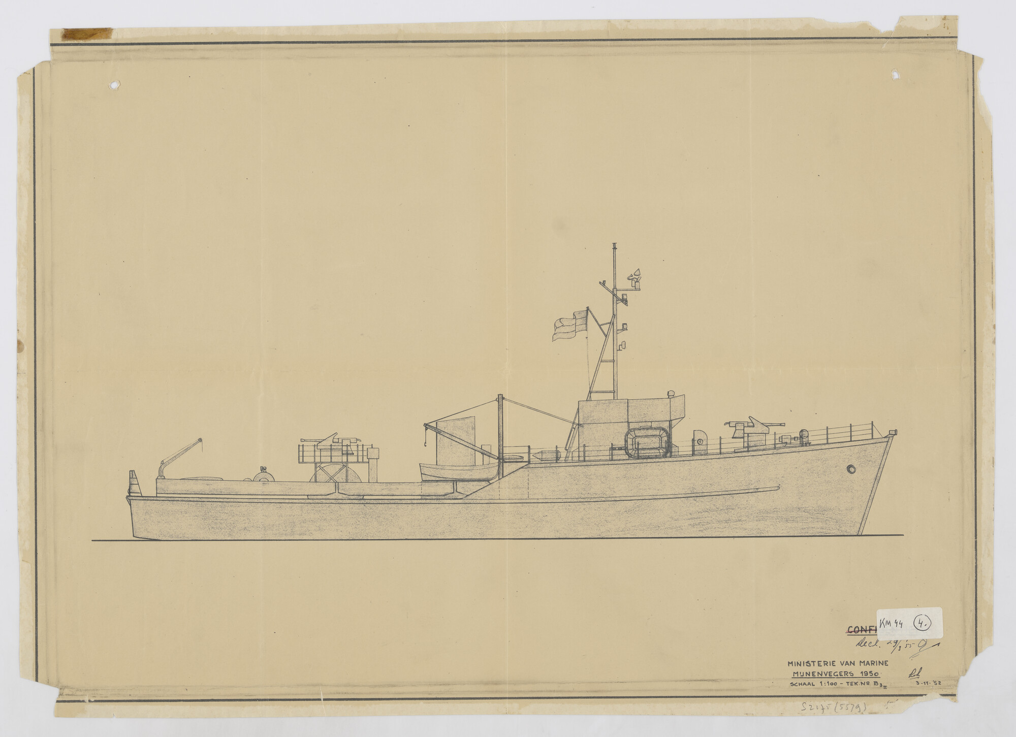 S.2175(5579); Zijaanzicht van een houten kustmijnenveger uit de 'Dokkum'/'Wildervank' klasse (32 schepen, in Nederland gebouwd, 1954-1957); technische tekening