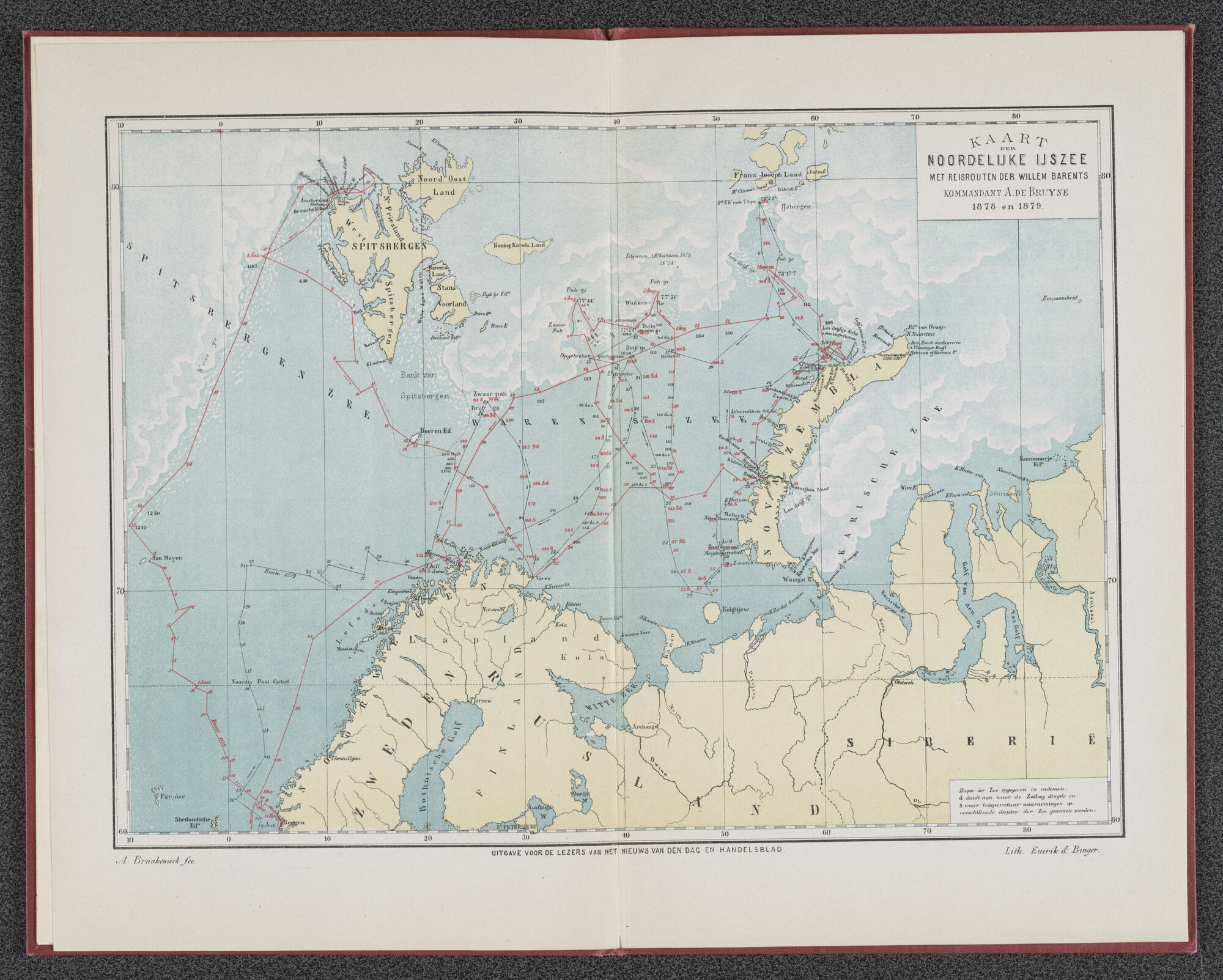 2012.1557; Kaart van de Barentszzee met de reisroute van de Nederlandse poolschoener 'Willem Barents' in 1878 en 1879; kaart