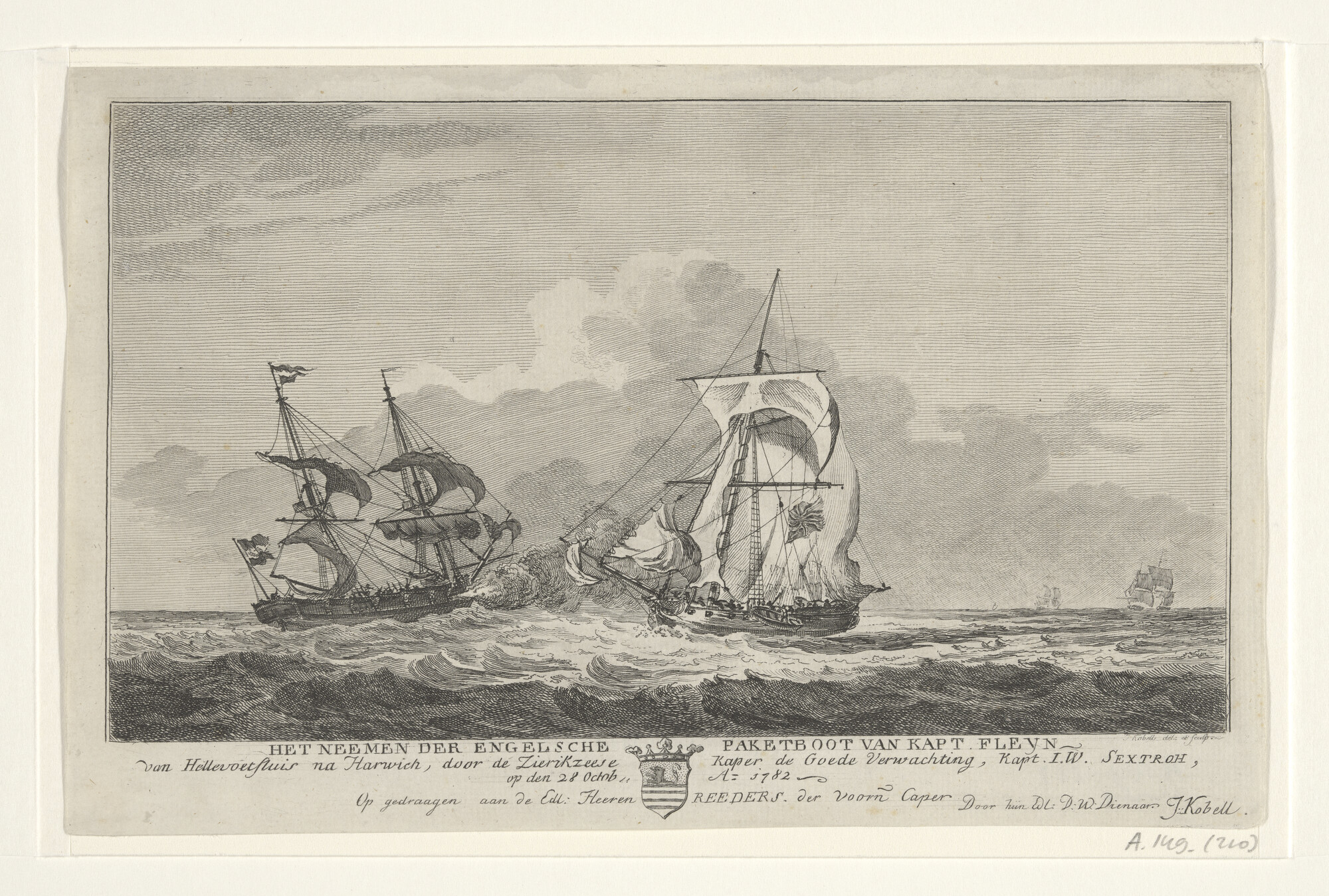 A.0149(0210); Het nemen van de Engelse paketboot door het Zierikzeese kaperschip 'De Goede Verwachting'; prent