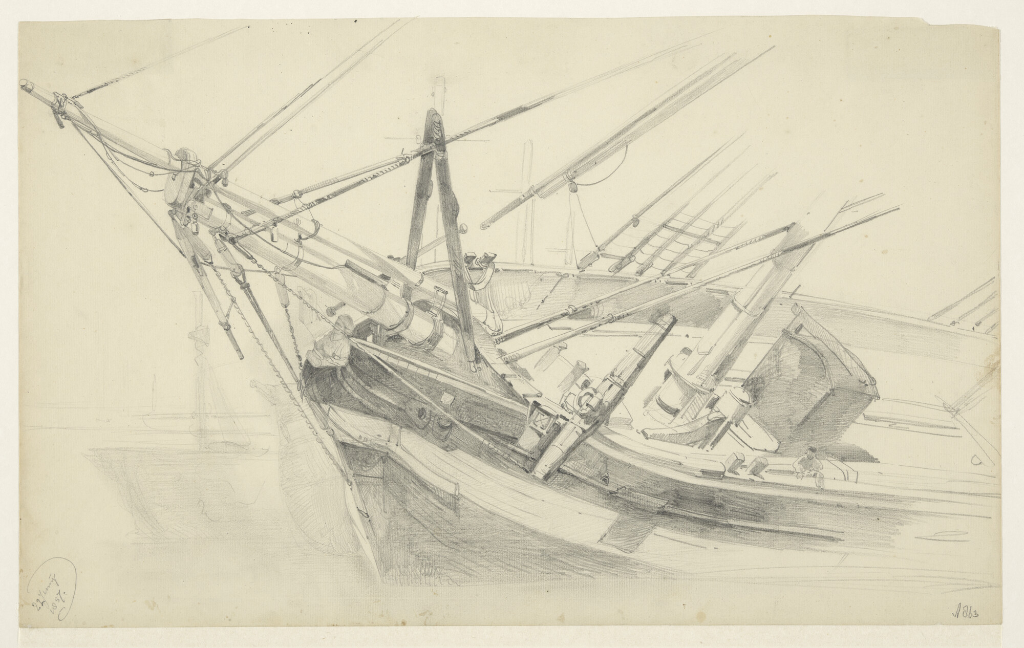 A.0863(12)2; Het voorschip van een gekield zeilschip; tekening