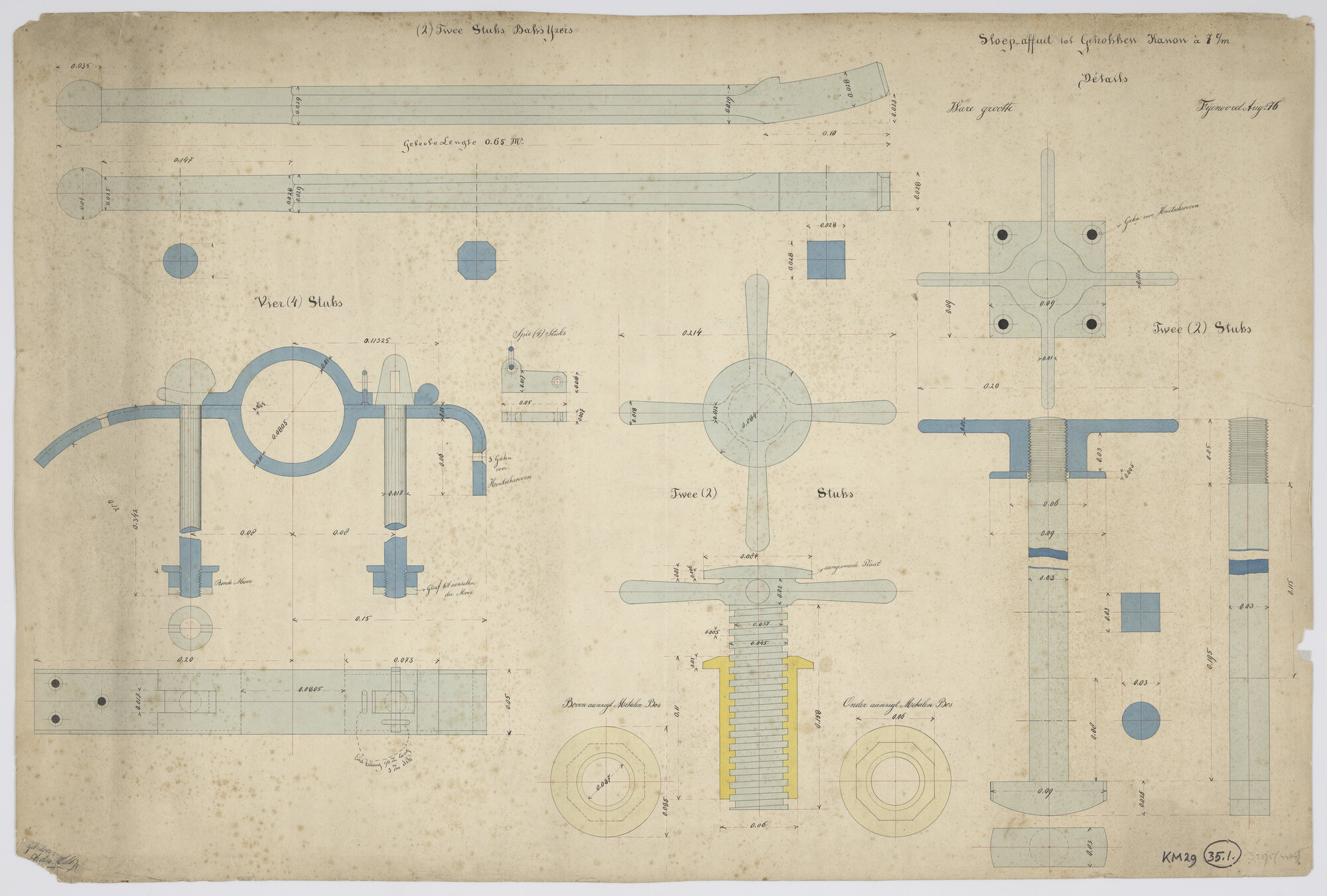 S.2175(4464); Details sloepsaffuit tot getrokken kanon van 7 cm; technische tekening