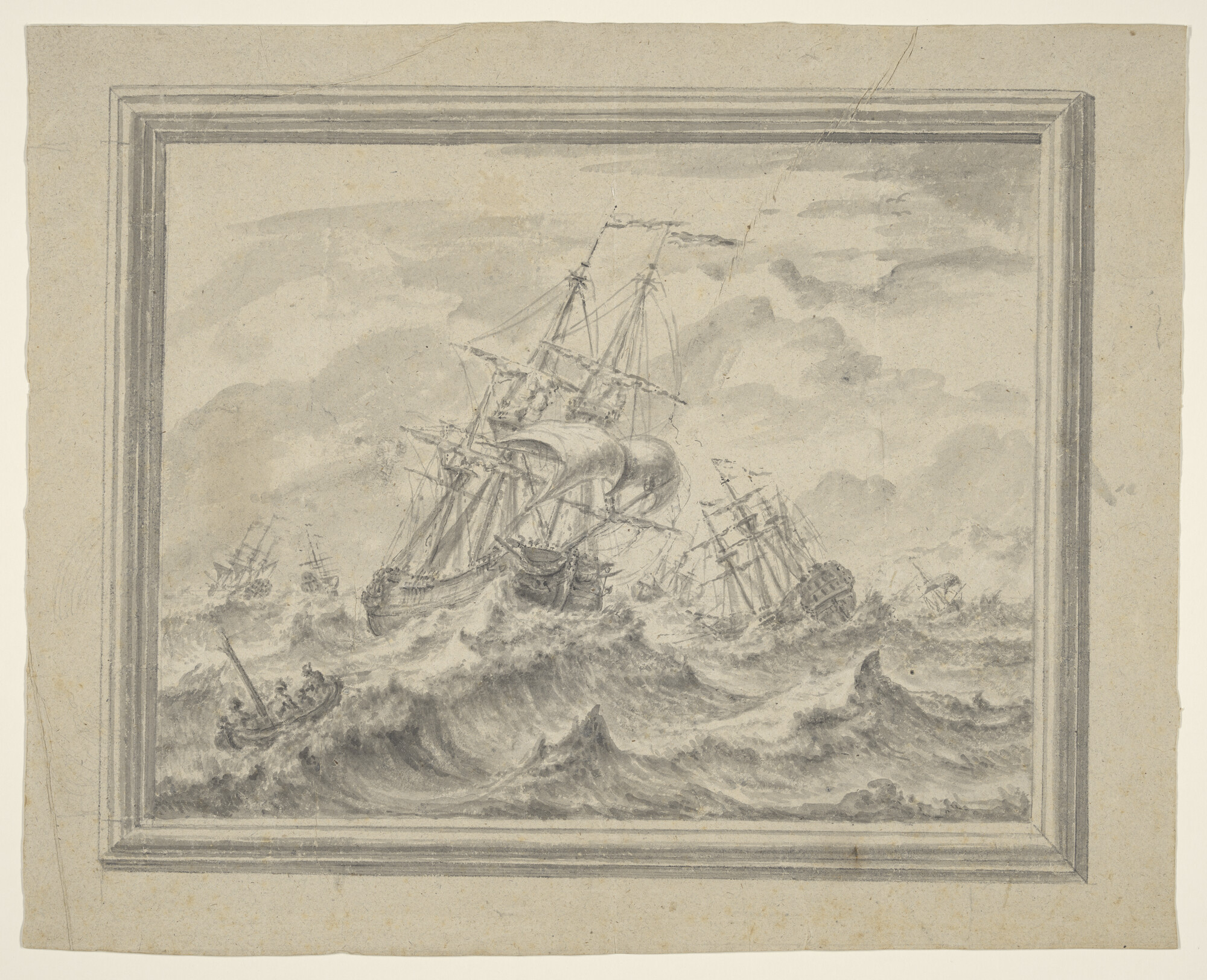 S.0785(01)7; Een eskader oorlogsschepen in stormweer; tekening