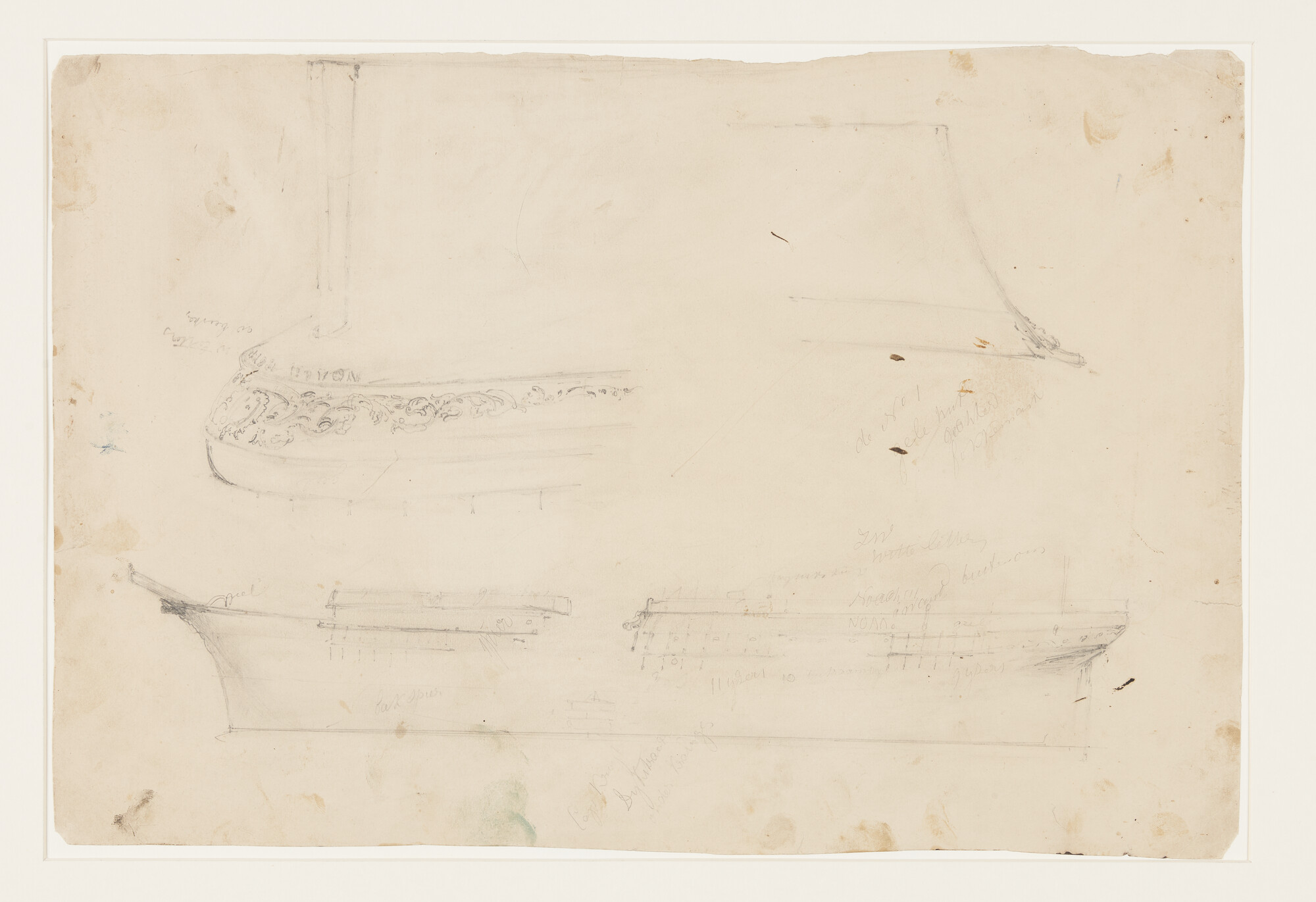 S.3107(07)035; Voor- en achterschip van het clipperfregatschip Noach; tekening