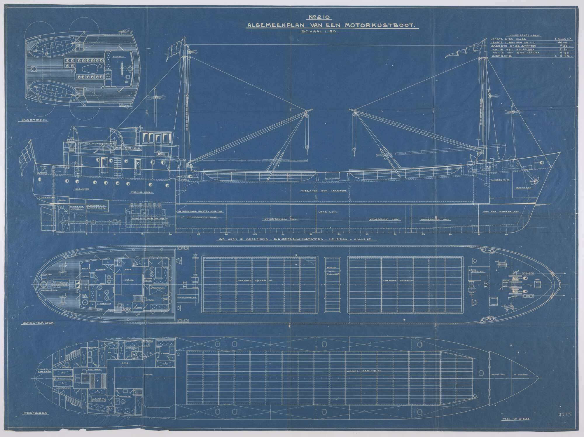 1995.7315; Algemeen plan (1:50) van de coaster ms. Bestevaer van J.J. Weeber [...]; technische tekening