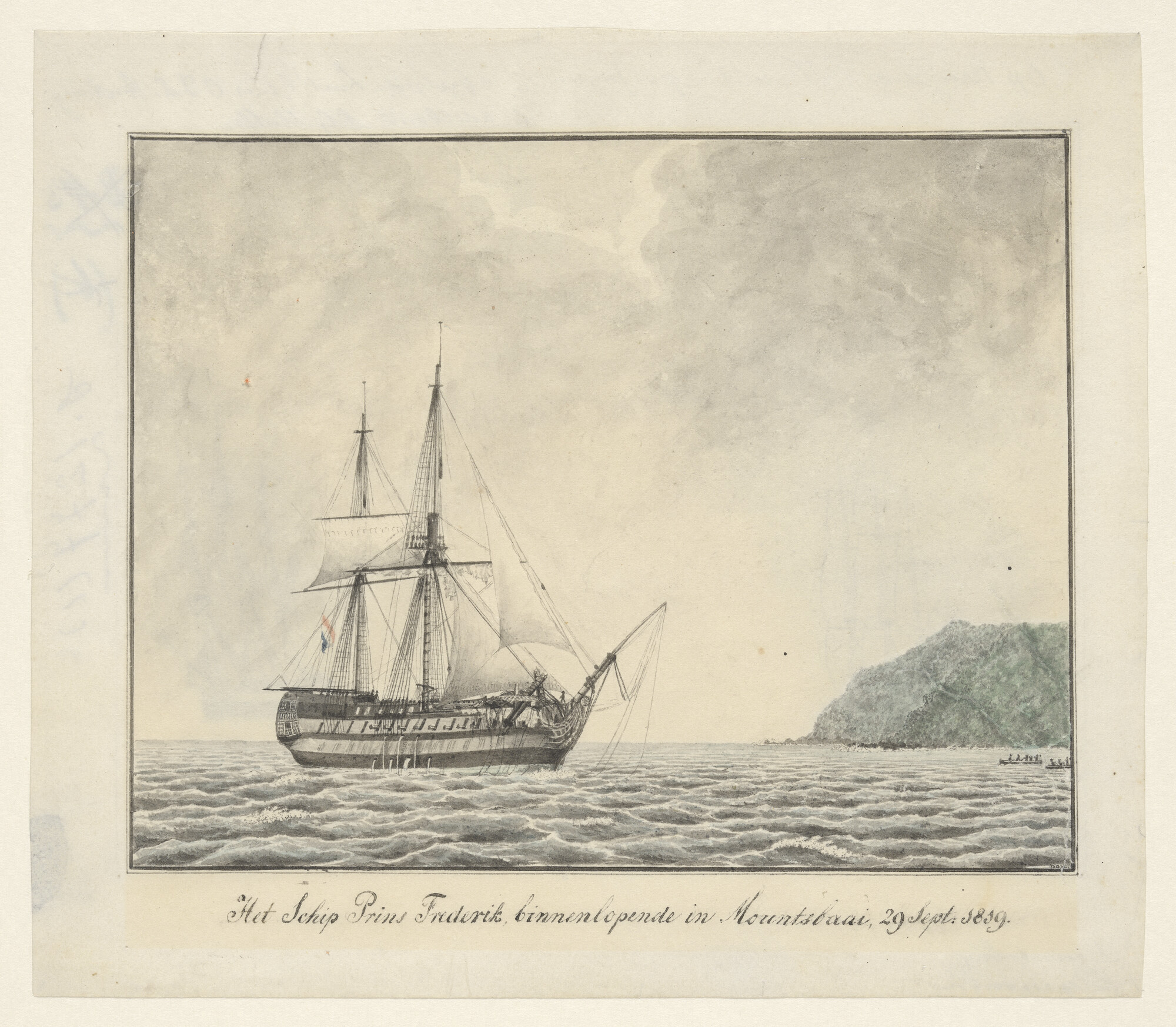 S.1277(01)06; Het linieschip Zr.Ms. 'Prins Frederik' met averij Mountsbaai bij Plymouth; tekening