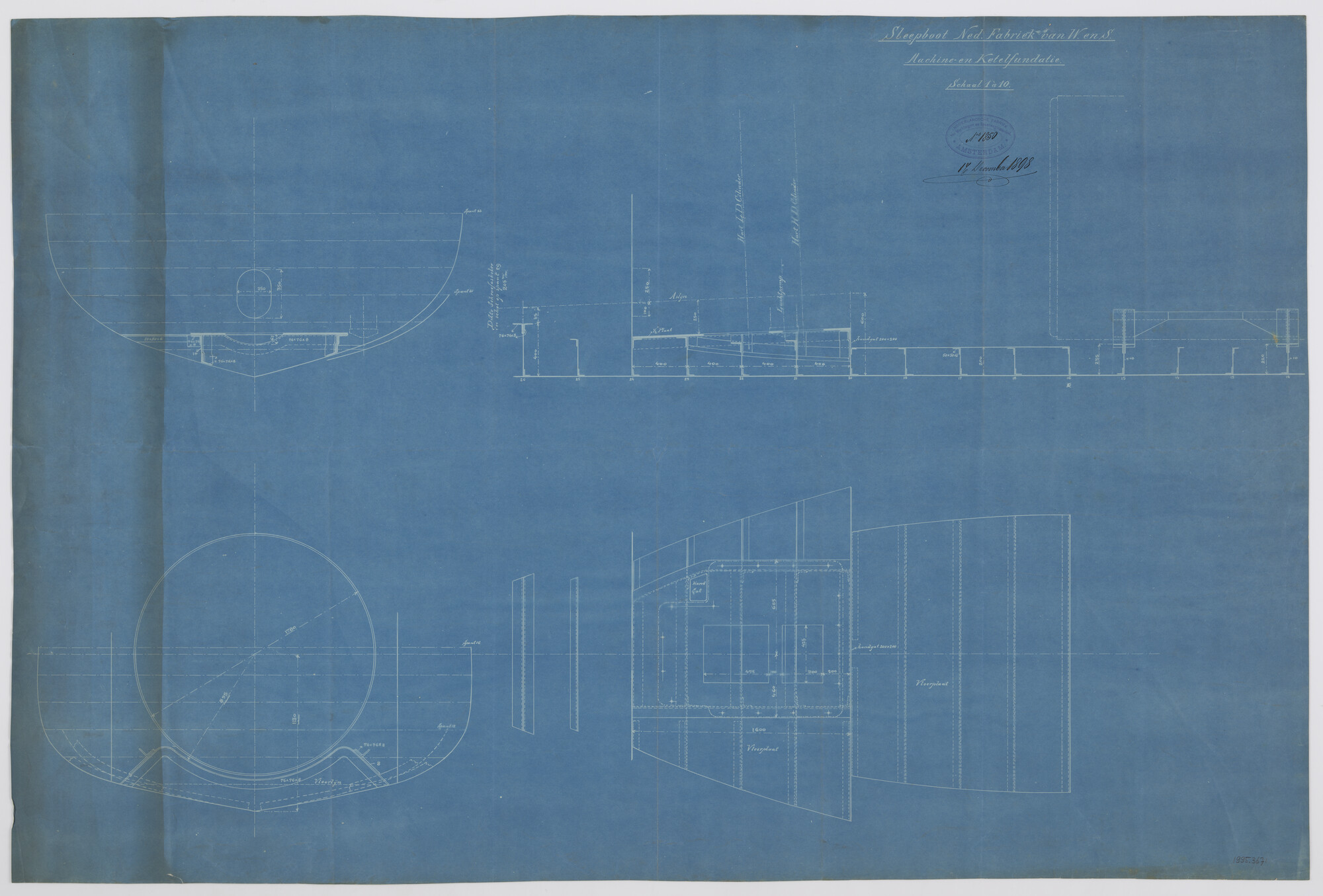 1995.3671; Machine- en ketelfundatie in een directieboot voor de Nederlandsche Fabriek [...]; technische tekening