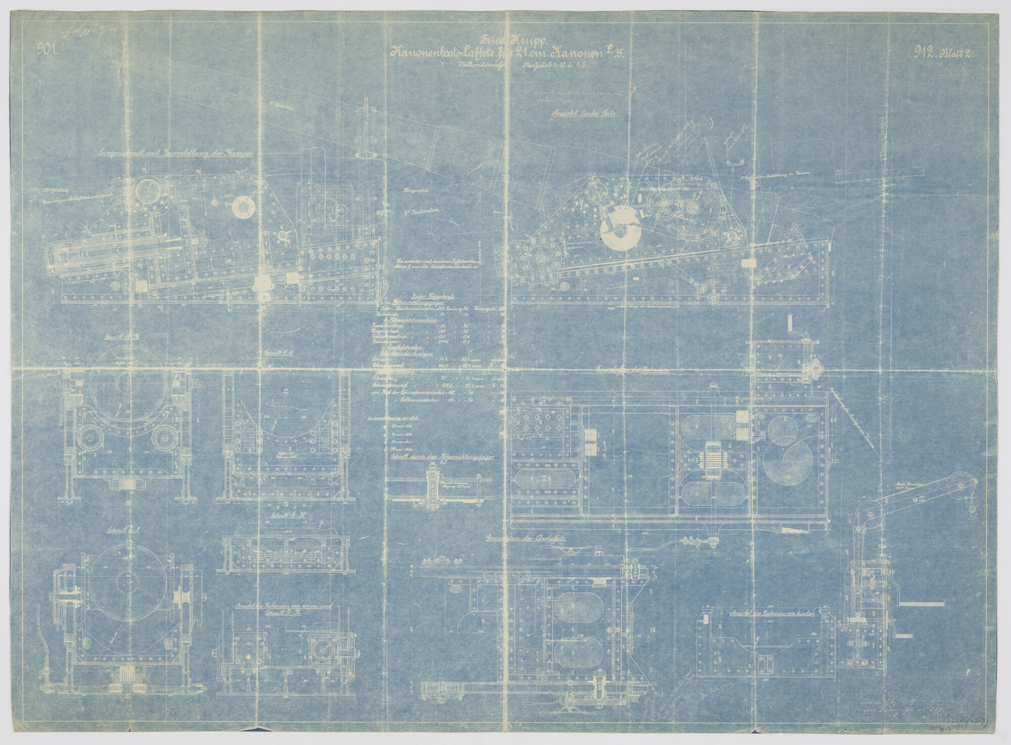 S.2175(4367); Doorsneden van het kanon van 21cm met pivot voor kanonneerboten; technische tekening