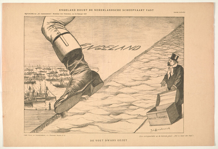 1990.0969; Engeland houdt de Nederlandsche scheepvaart vast. De voet dwars gezet; prent