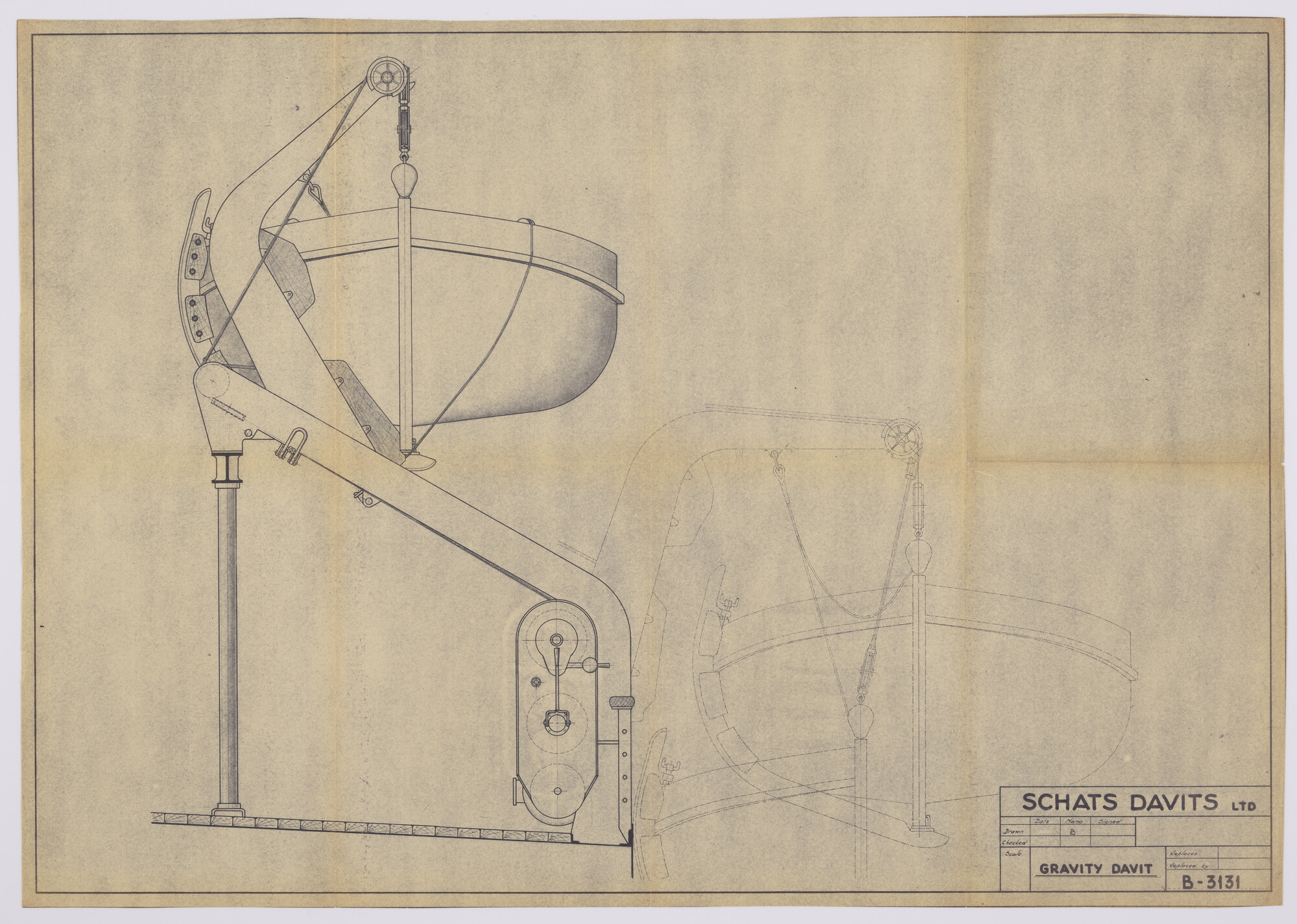 2015.5203; Gravity Davit (zwaartekracht davit) Schat-Patent; technische tekening