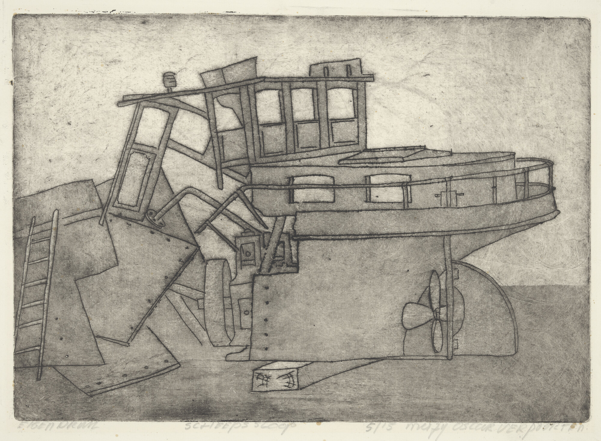 A.5126(02); Het slopen van het achterschip van een binnenschip; prent