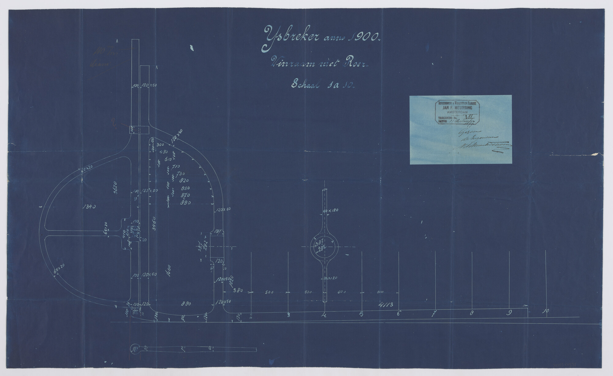 2003.0931; Constructietekening roer en schroefraam van de ijsbreker ss. Christiaan Brunings; constructietekening