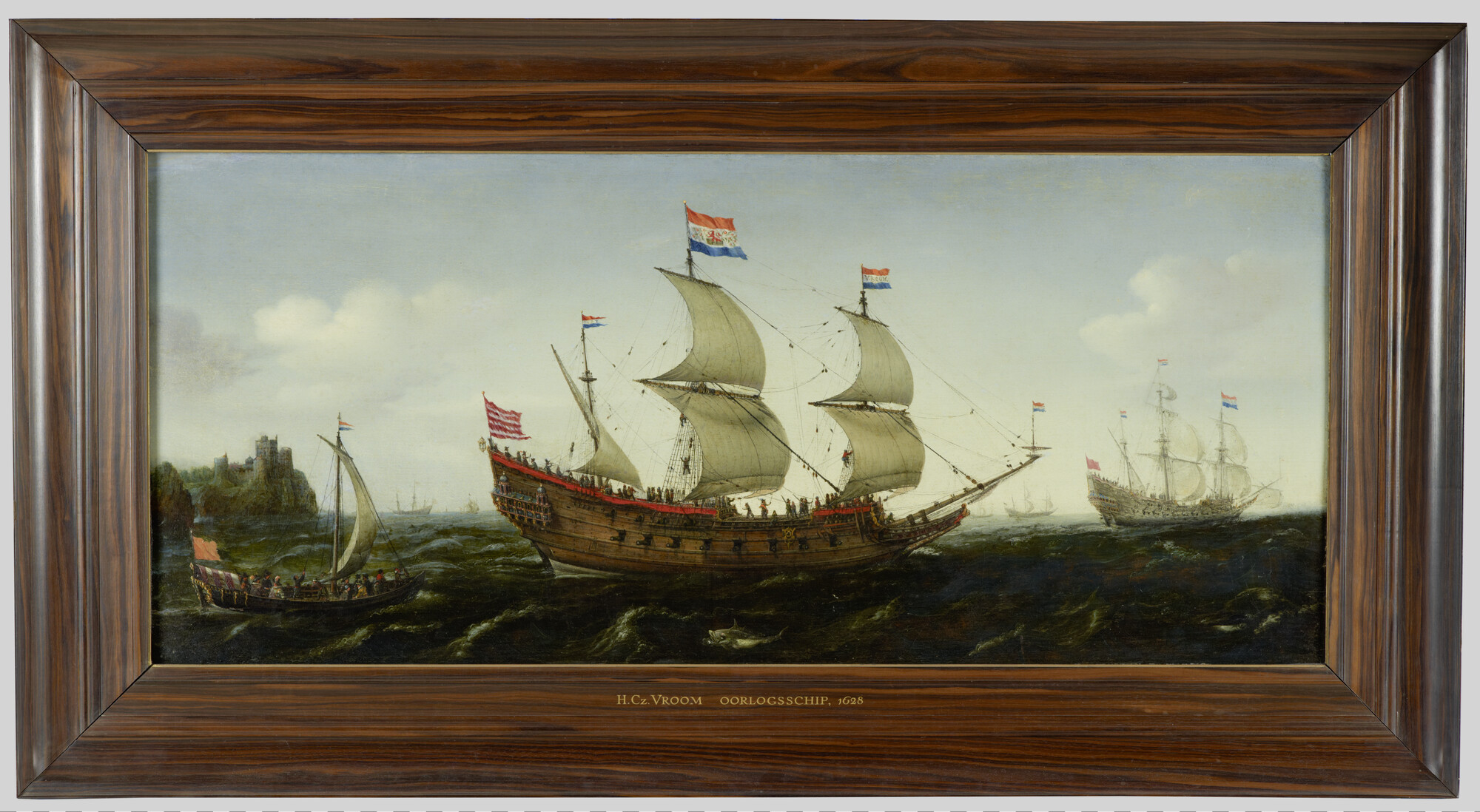 A.1842; Nederlands pinasschip onder zeil nabij een rotsachtige kust; schilderij