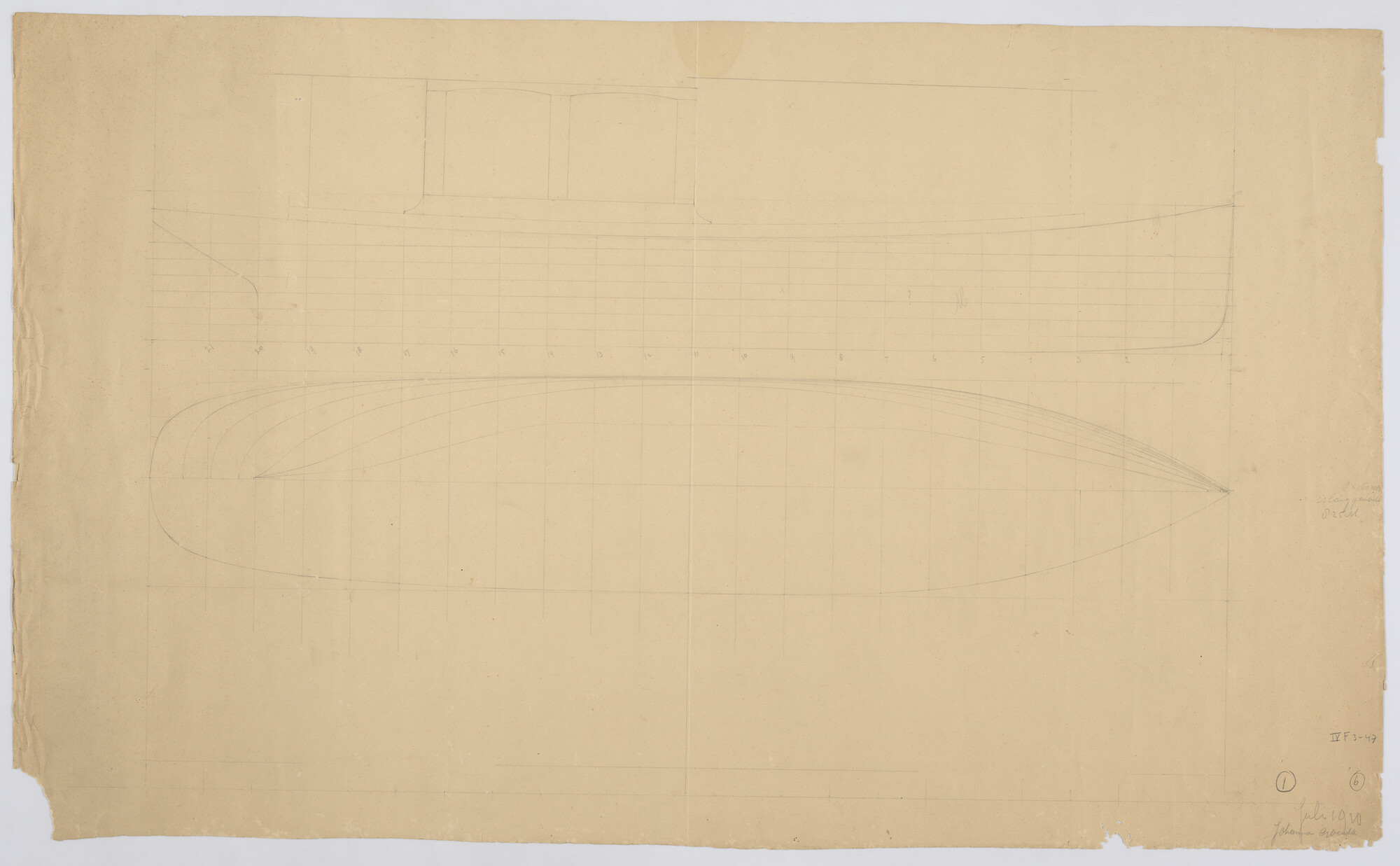 S.1225(03)04; Lijnenplan van het motorjacht 'Johanna', 1910; technische tekening