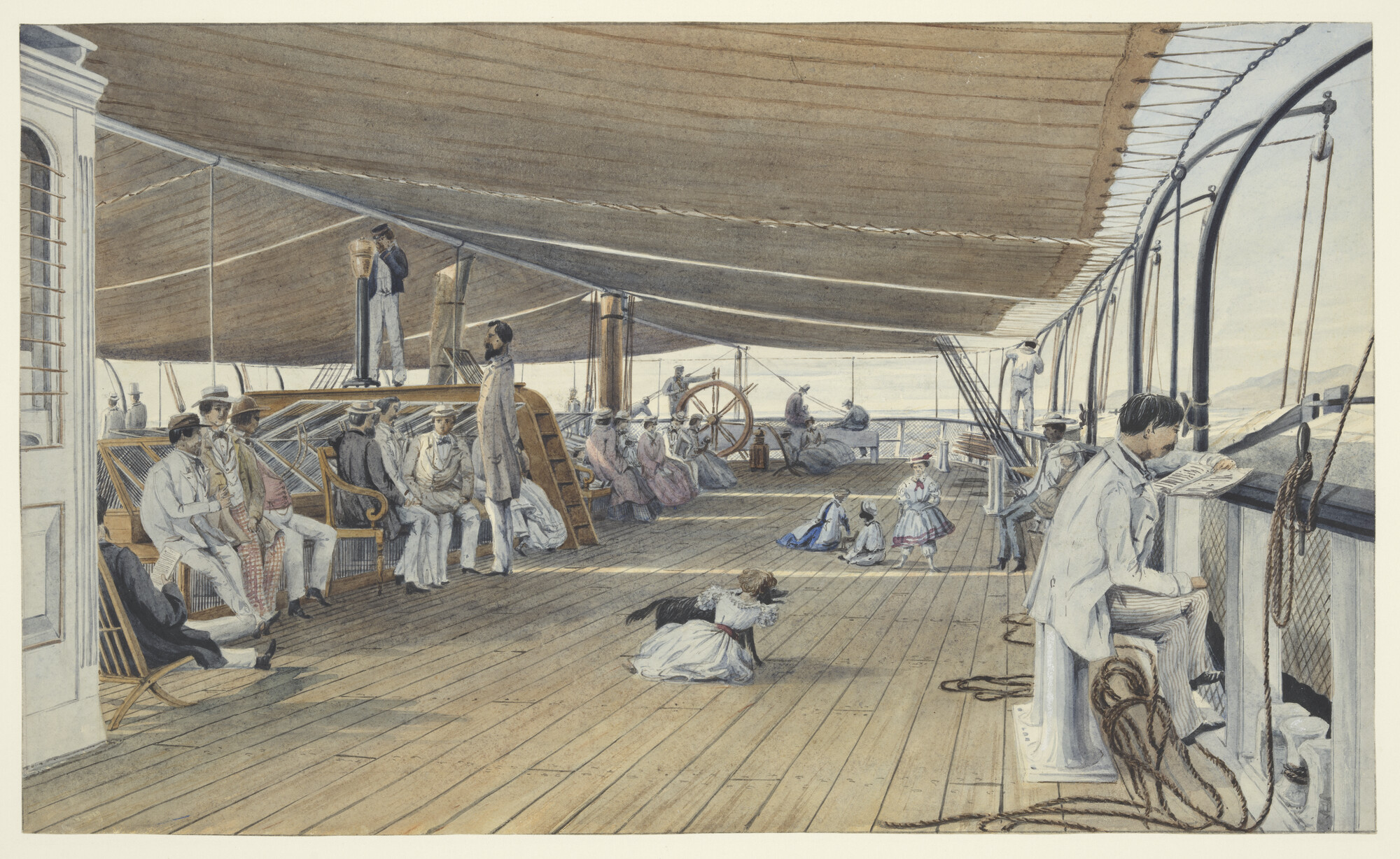 A.3504(15); Dekaanzicht aan boord van het Engelse raderstoomschip 'Seine'; tekening