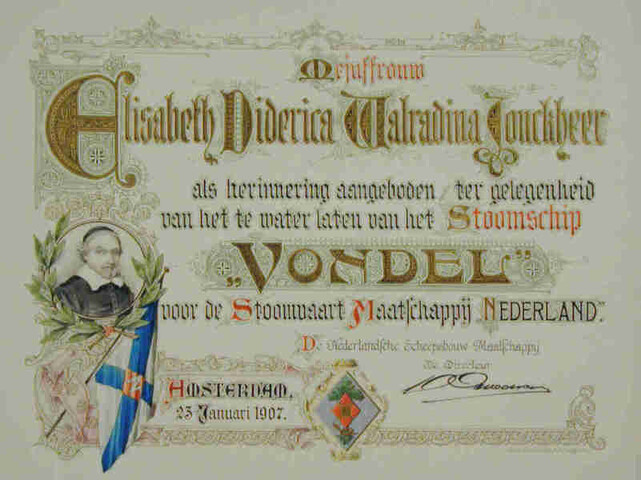 S.4348(01); Herinneringsalbum met bouw- en interieurfoto's aangeboden aan mej. E.D.W. Jonckheer ter gelegenheid van de tewaterlating van het passagiersschip ss. Vondel; fotoalbum