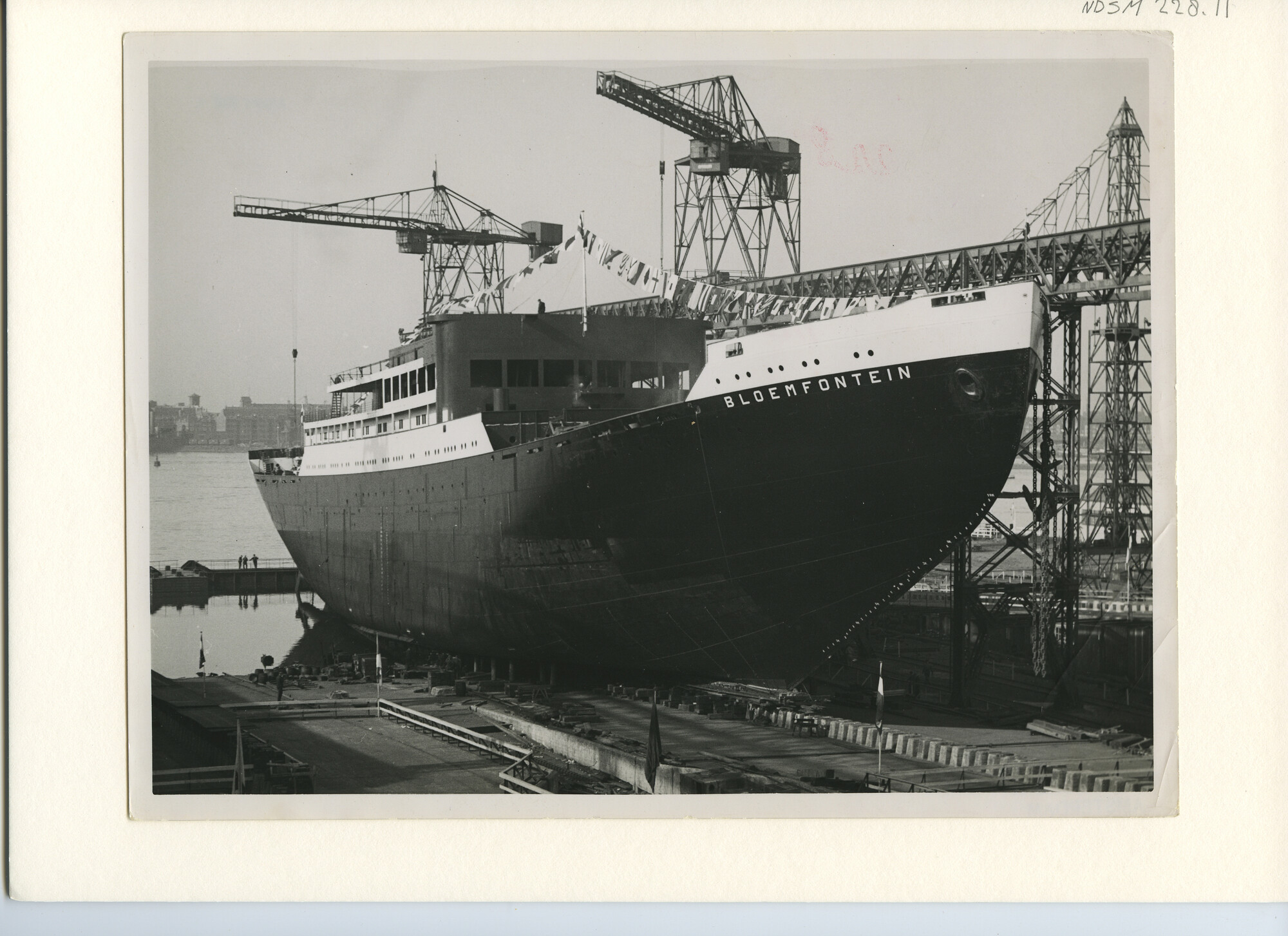 S.5444(01074)01; Foto van het vracht-passagiersschip ms. 'Bloemfontein', voor de tewaterlating bij de Nederlandsche Scheepsbouw Maatschappij; foto