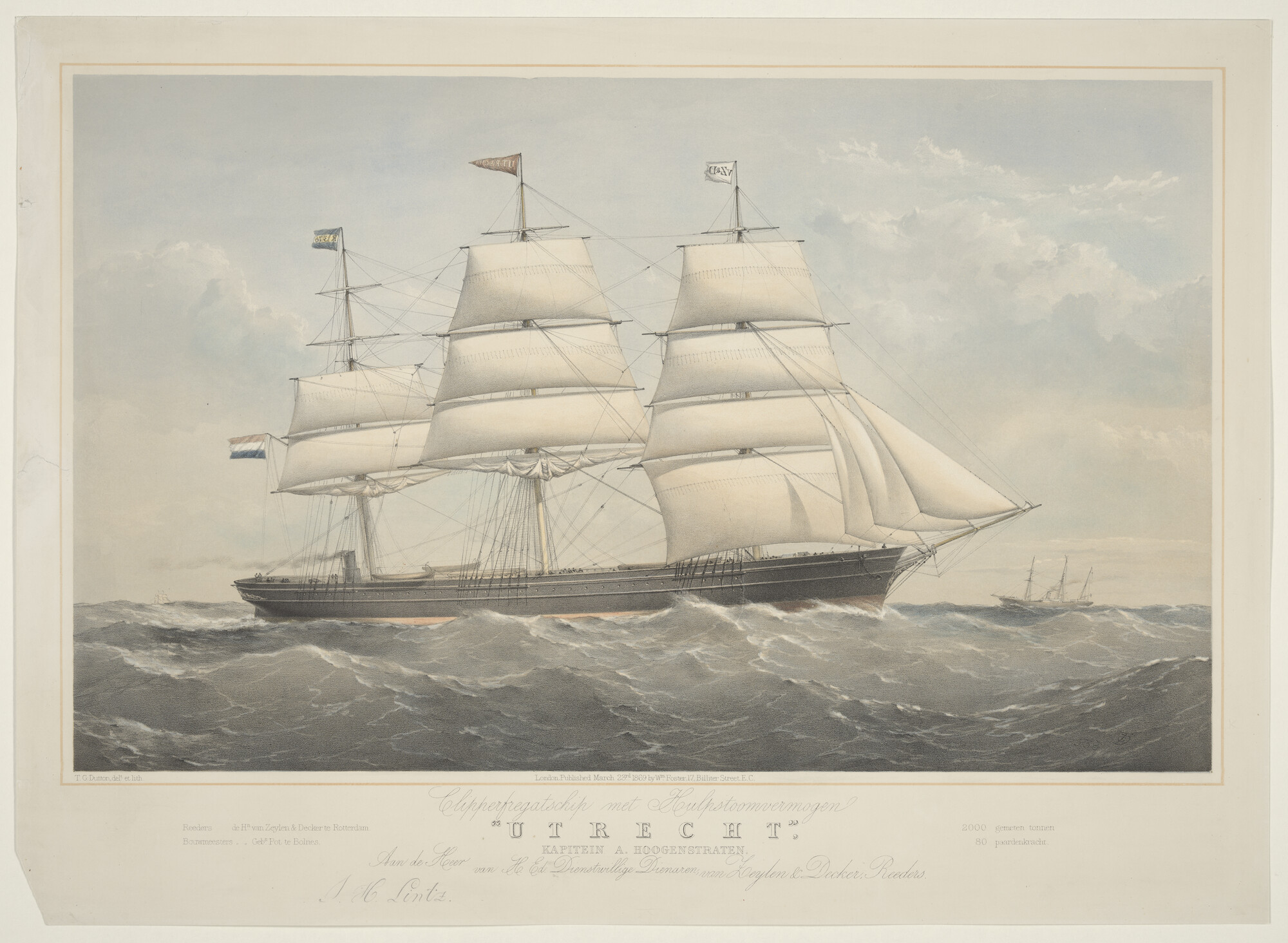 A.0766; Het Clipperfregatschip met hulpstoomvermogen "Utrecht"; prent