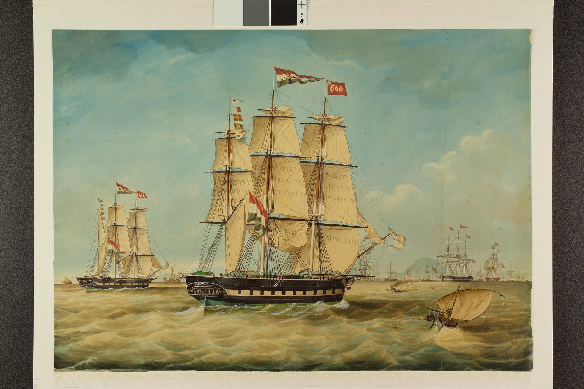 A.1259(04)c; Het fregatschip Fanny en het barkschip Zeepaard op de rede van Batavia; tekening