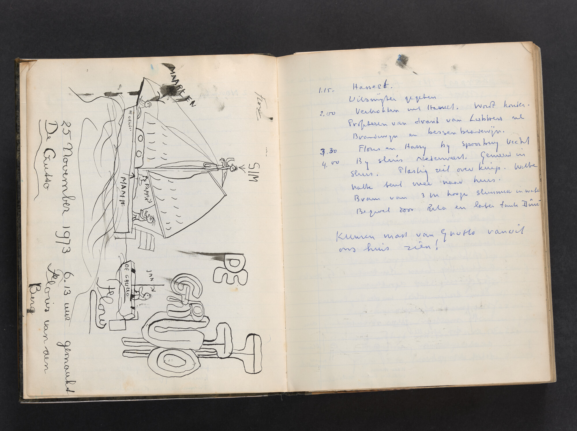 2017.0802; Logboek c.q. fotoalbum van reizen met zeeschouw Grutto (II) in Nederland, Duitsland en Denemarken, 1973-1974; logboek