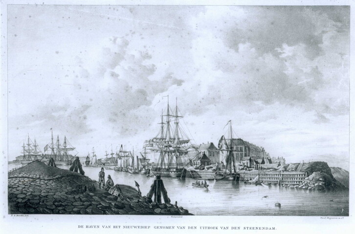 A.0893; De haven van het Nieuwediep, genomen vanuit Steenendam; prent