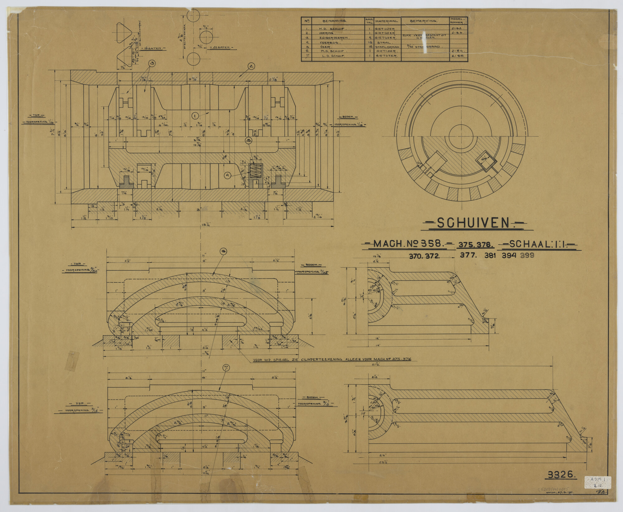 S.5219(04)0015; Schuiven van machine nr 358, 370, 372, 375, 376, 377, 381, 394, 399; technische tekening