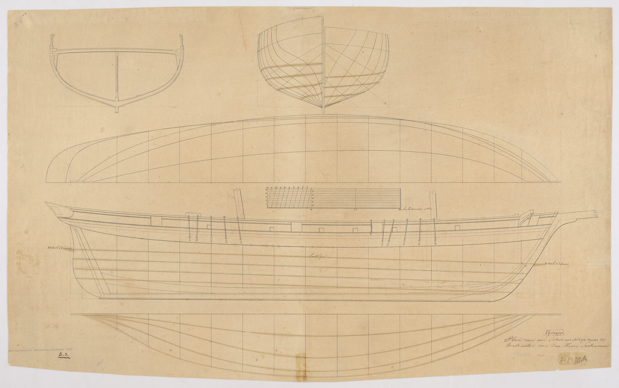 S.0003(05)001; Lijnenplan van de schoener 'Egmond'; technische tekening