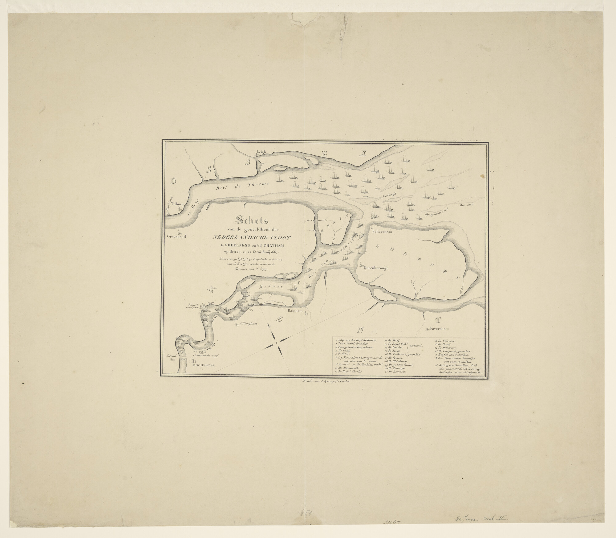 S.1282 [nr 0001]; Schets van de gesteldheid van de Nederlandse vloot te Sheerness en bij Chattam; prent