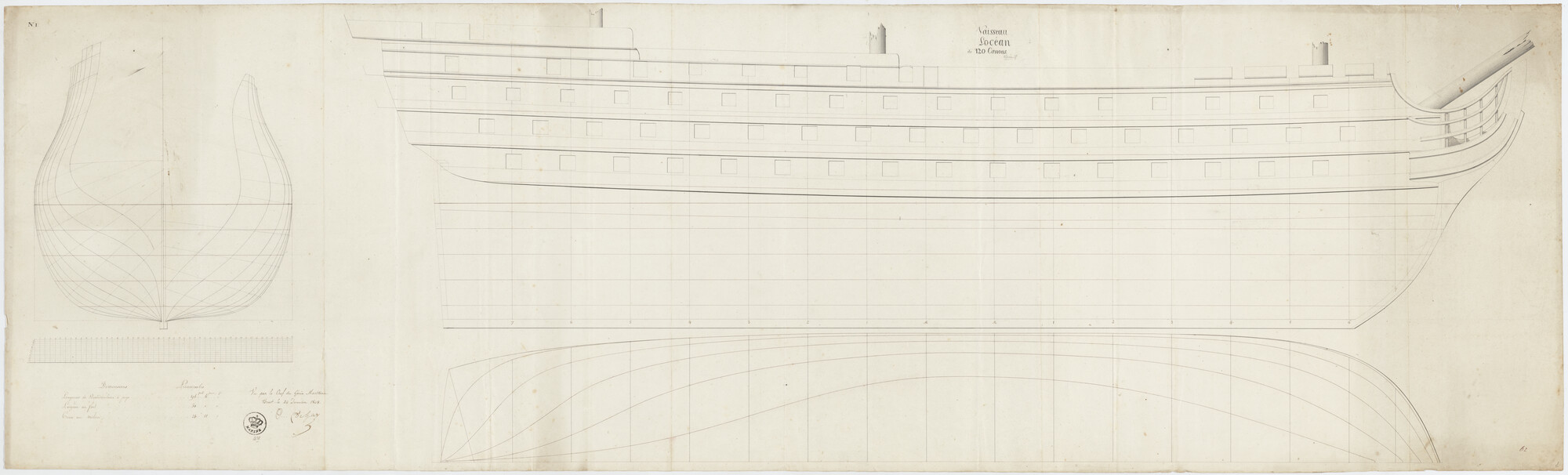 S.2599(0017); Lijnenplan van een Frans oorlogsschip met 120 stukken; technische tekening