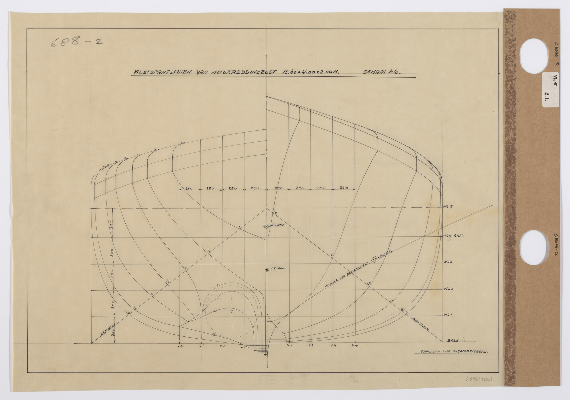 S.5180(0253); Spantenplan van een stalen reddingboot; technische tekening