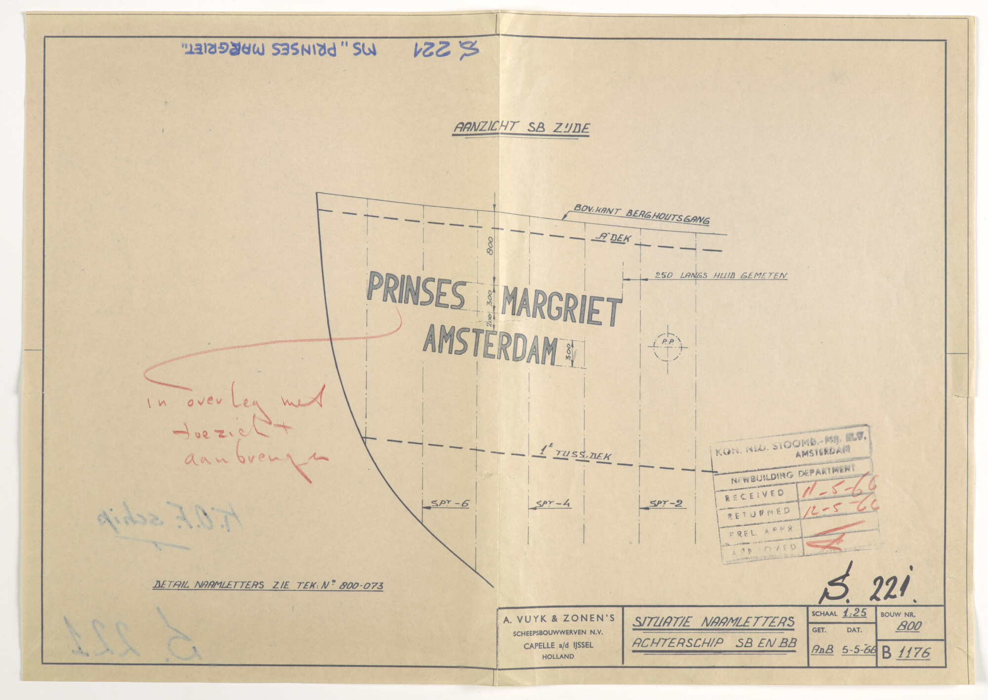 2016.1519; Technische tekening van de naamletters van instructievaartuig Prinses Margriet voor het Koninklijk Onderwijsfonds voor de Scheepvaart (KOFS); technische tekening