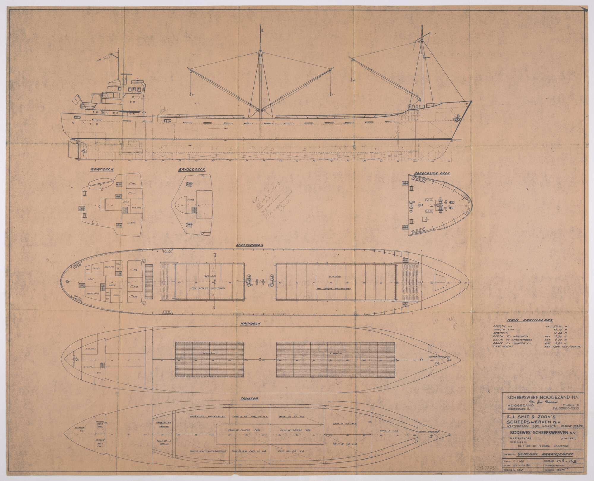 1995.7325; Algemeen plan van motorcoasters (E.J. Smit en Zoon bnr. 783/4, Scheepswerf Hoogezand (Jac; technische tekening