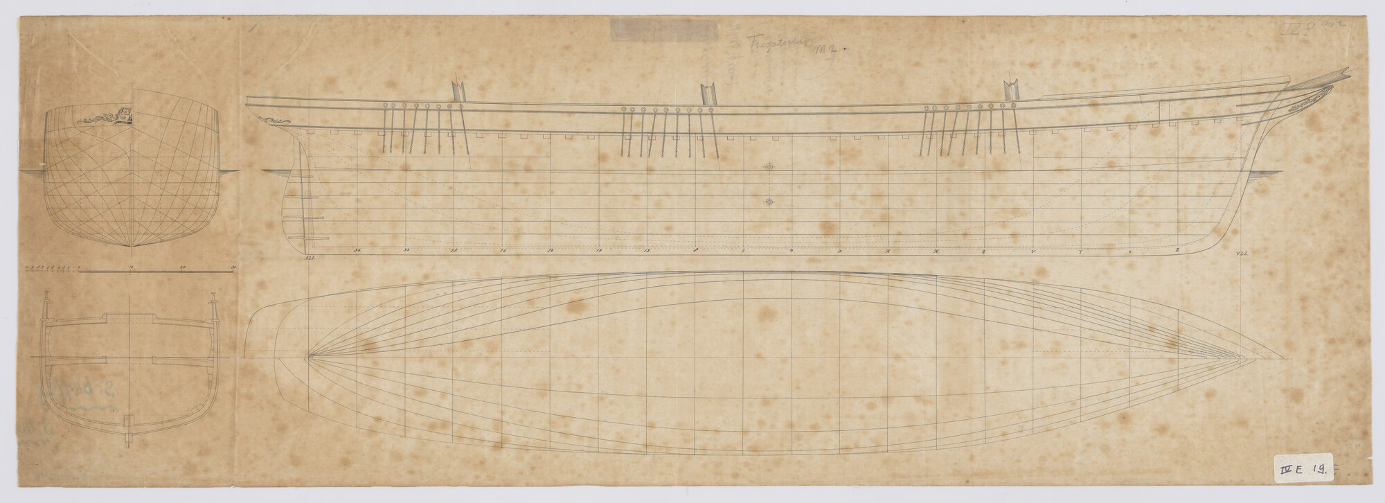 S.0687(02)005; Zijaanzicht met tuig en zeilplan van het fregatschip 'Tonia'; technische tekening