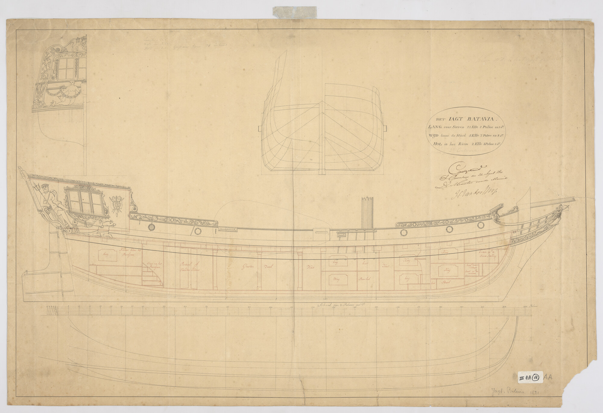 S.1214(0111); Algemeen- en lijnenplan van het jacht  'Batavia'; technische tekening
