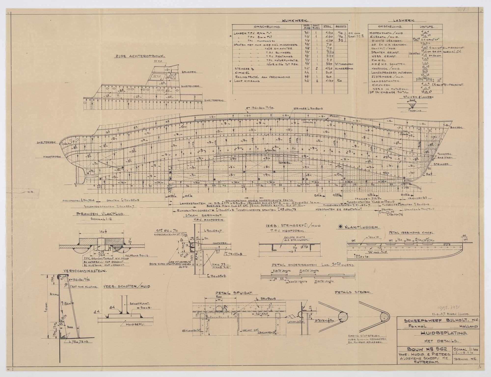 1995.7431; Huiduitslagtekening (1:100) van de coaster ms. Meidoorn van Hudig en [...]; technische tekening